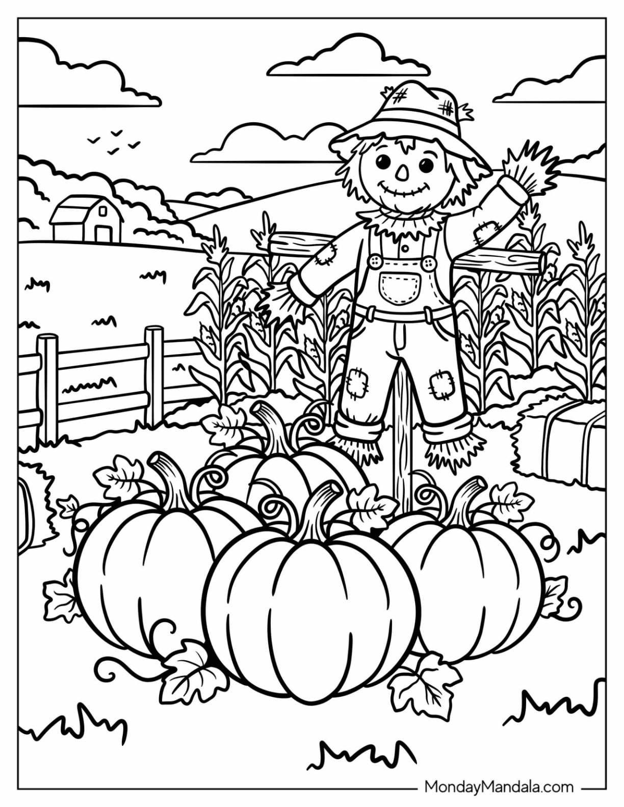 Four Large Pumpkins in Front of a Scarecrow Coloring Page for Kids