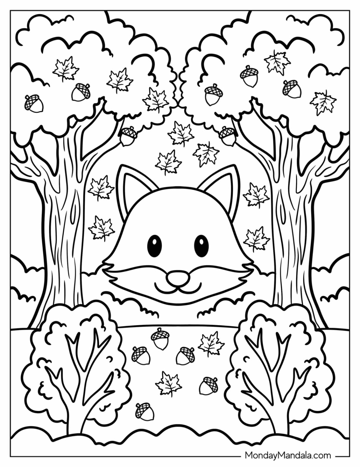 Fox Emoji Coloring Page in an Autumn Forest