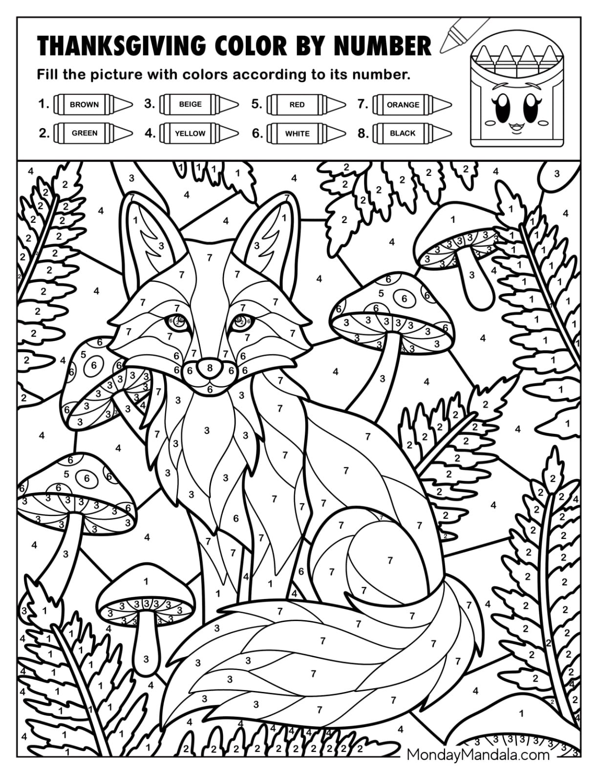 Fox with Mushrooms in Autumn Forest Thanksgiving Color By Number