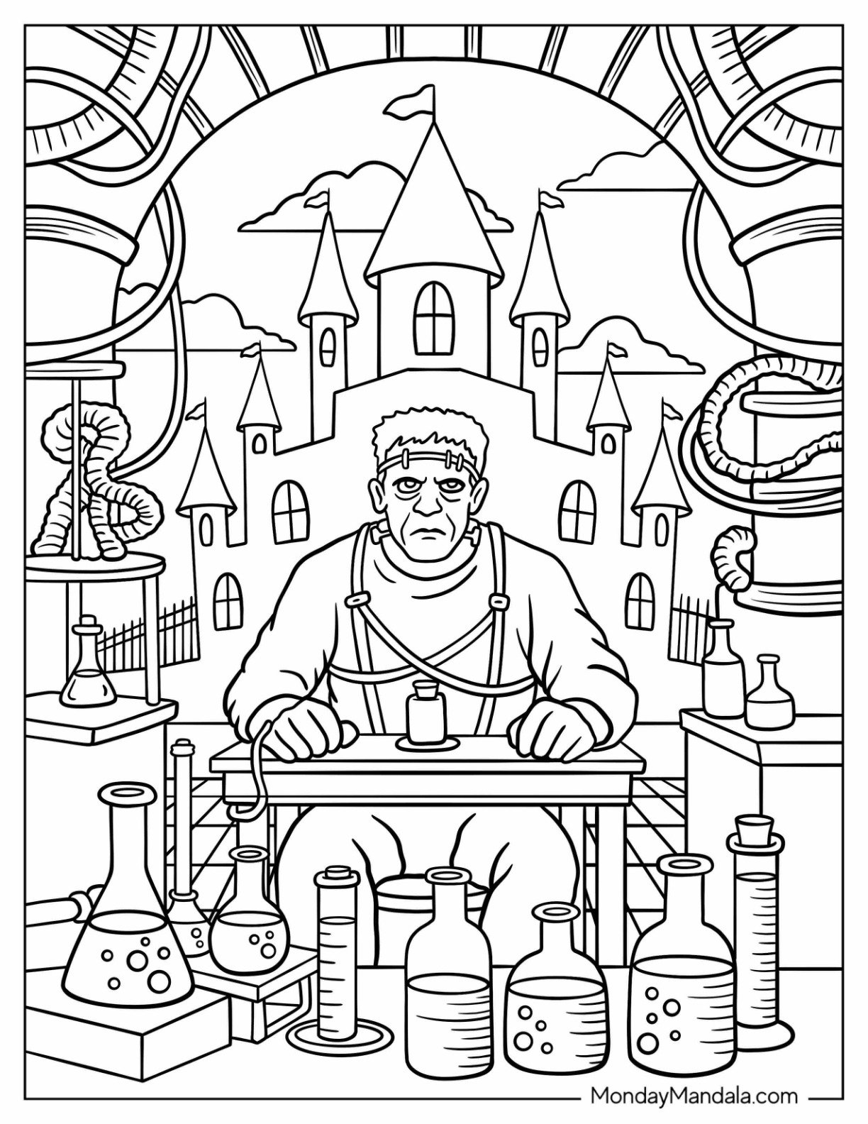 Frankenstein Coloring Page Sitting In A Science Laboratory