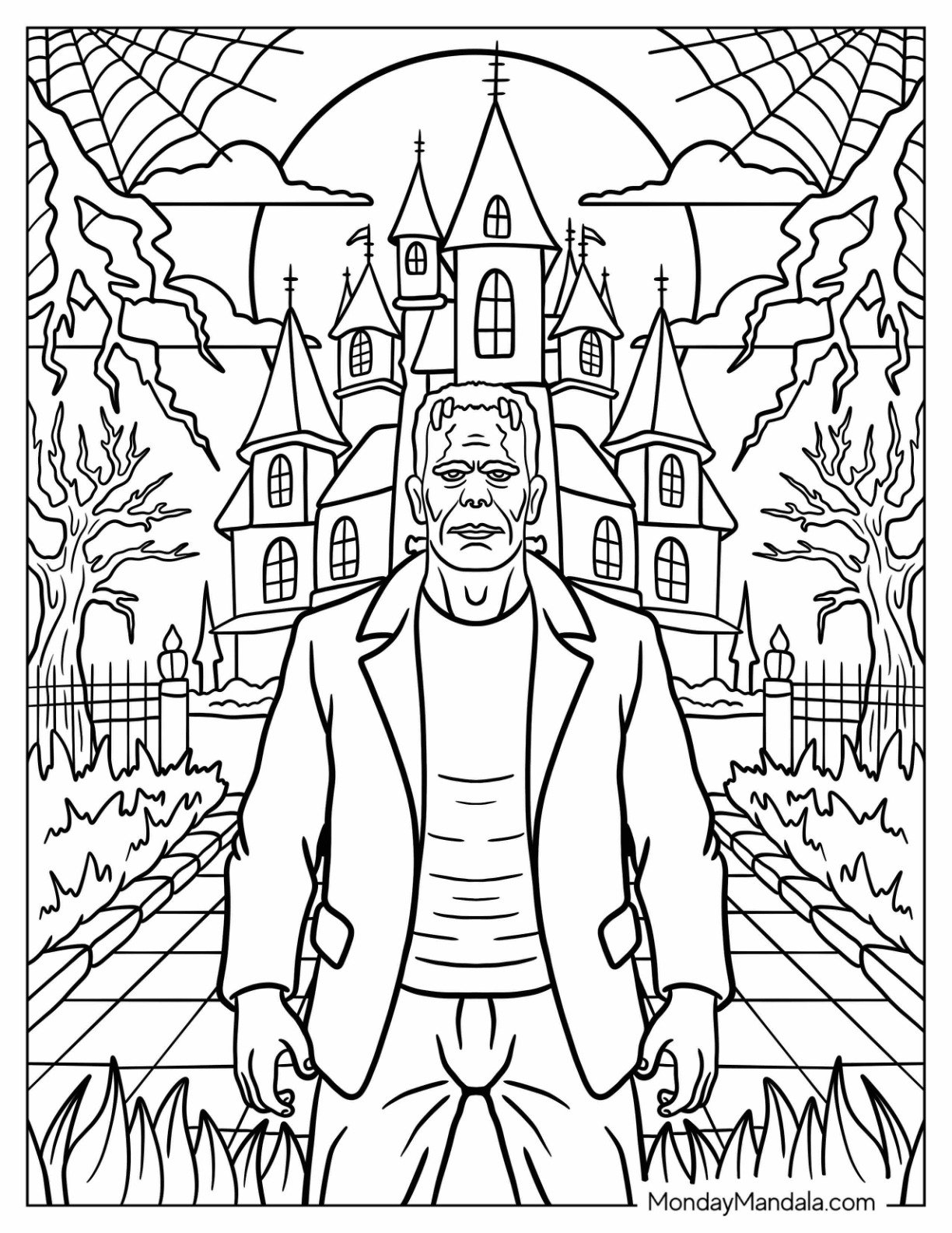 Frankenstein Coloring Page Standing in Front of a Haunted Castle