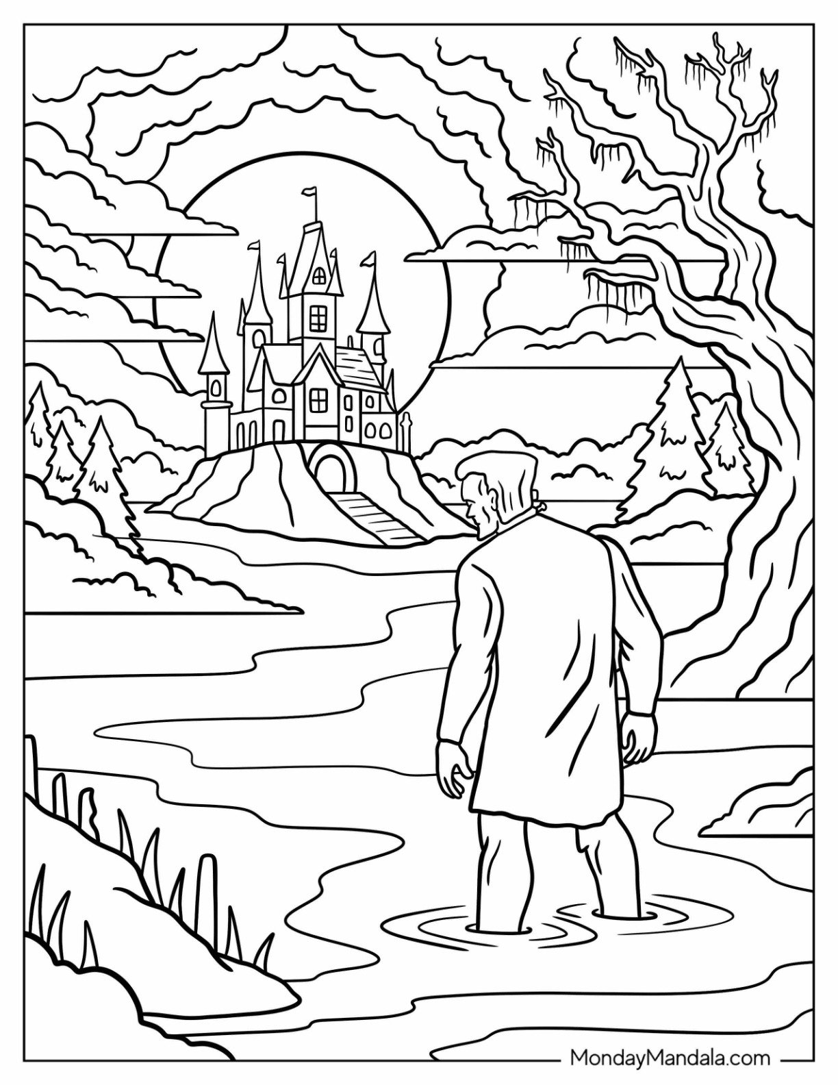 Frankenstein Coloring Page Standing in Shallow Water Looking at a Castle