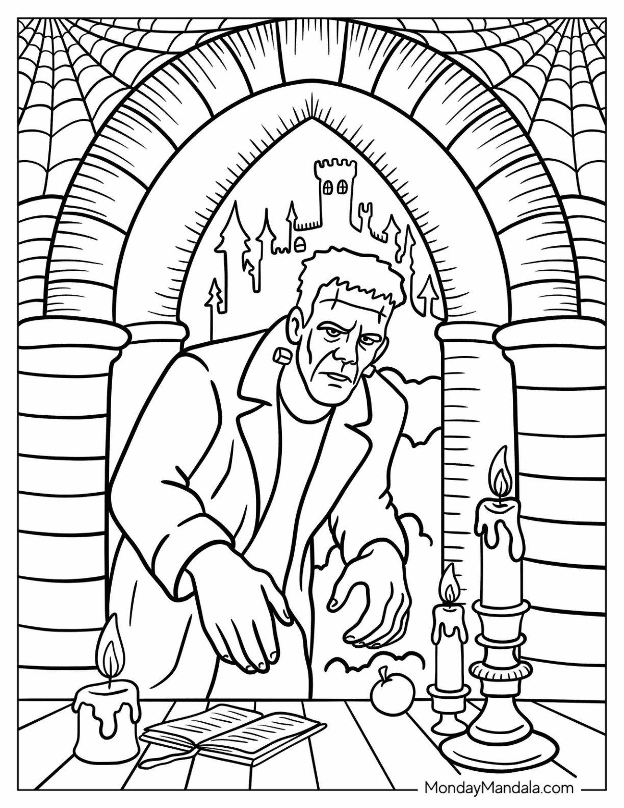 Frankenstein Coloring Page in a Haunted Castle With Cobwebs and Candles
