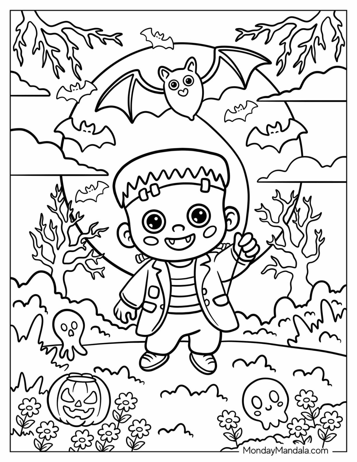 Frankenstein Coloring Page with Jack o Lanterns, Bats, and Full Moon for Preschoolers