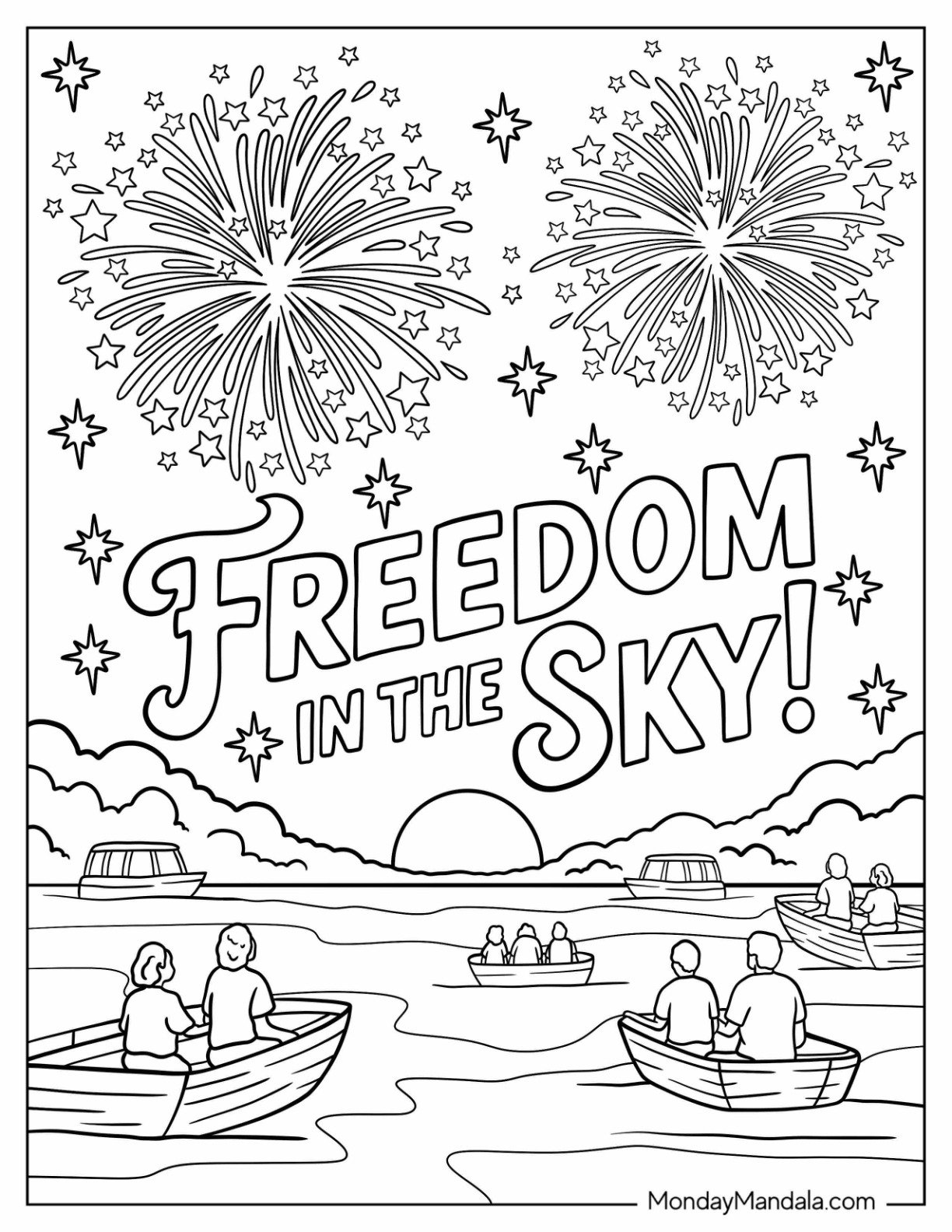 4th of July Coloring Page of Freedom in the Sky Text With Fireworks and People on Boats