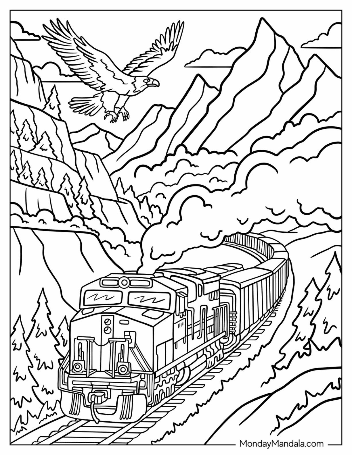 Freight Train Coloring Page Winding Through Mountain Trails with Eagle