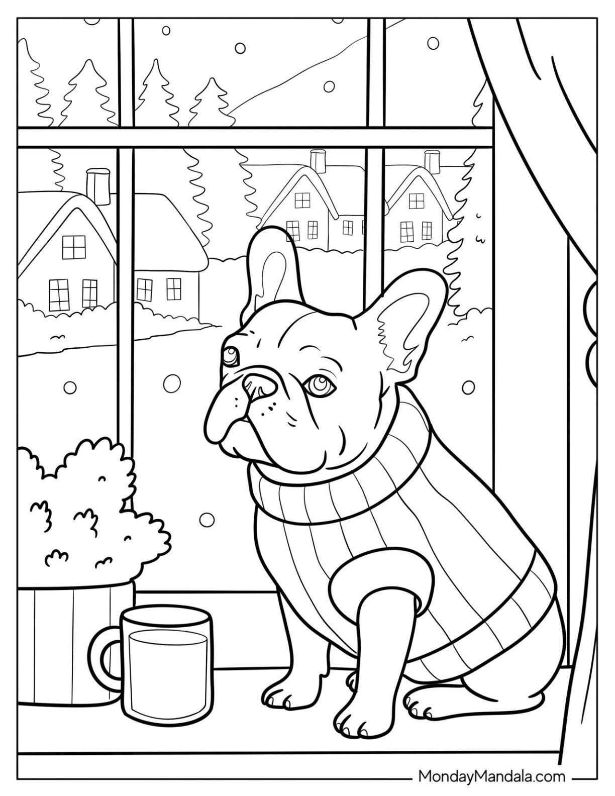 French Bulldog Coloring Page Sitting on Window Ledge with Sweater and Hot Drink Watching Snowfall