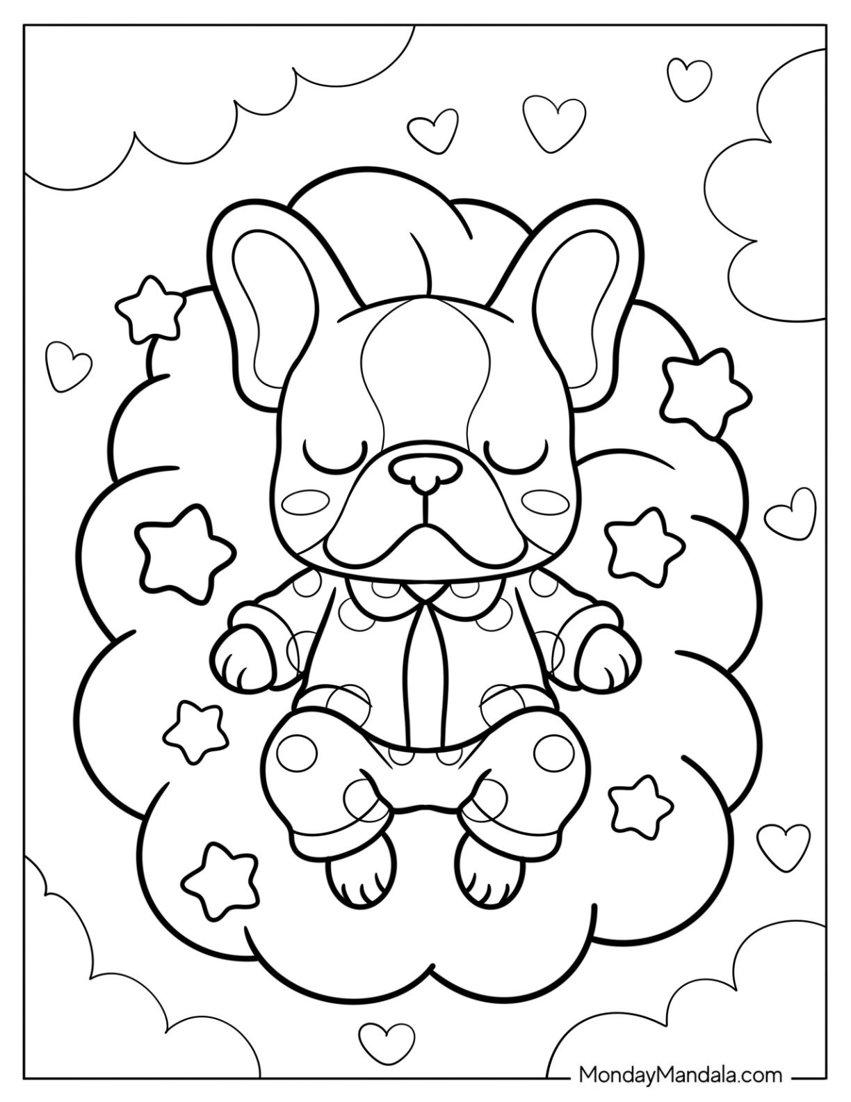 French Bulldog Coloring Page Sleeping in Pajamas on a Cloud
