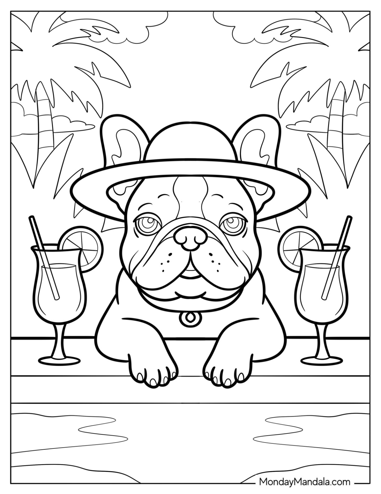 French Bulldog Coloring Page in Hat with Cocktails Relaxing in a Pool