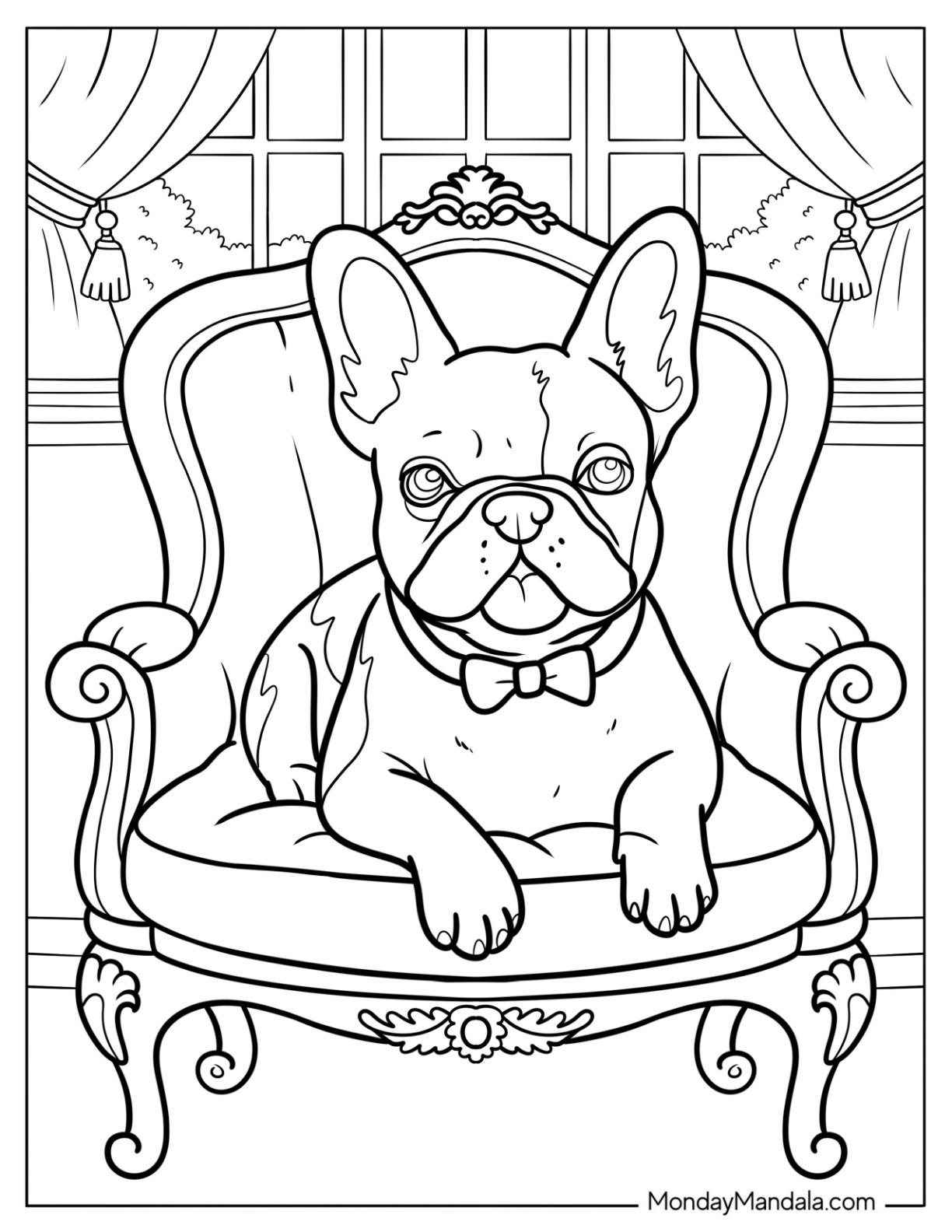 French Bulldog Coloring Page with Bowtie Sitting on an Ornate Armchair
