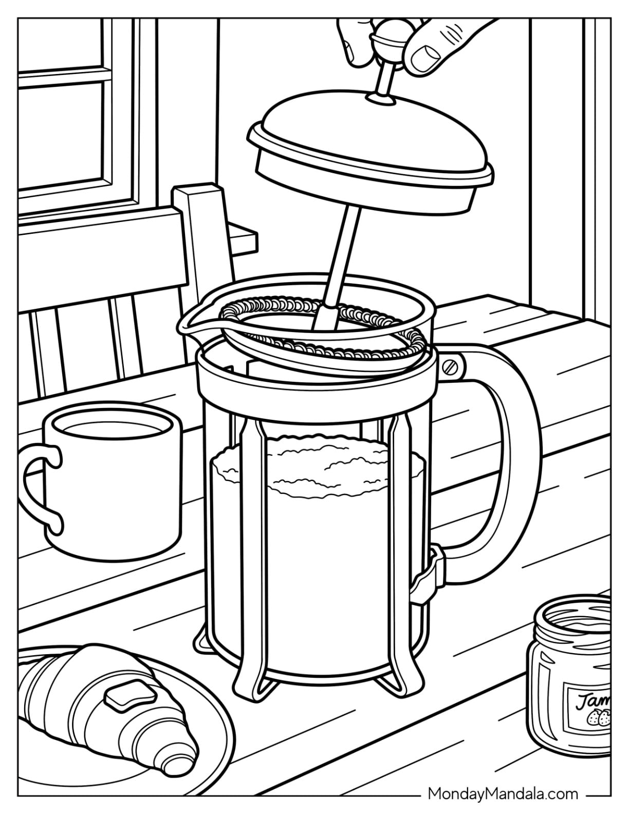French Press Coffee on a Breakfast Table Coloring Page