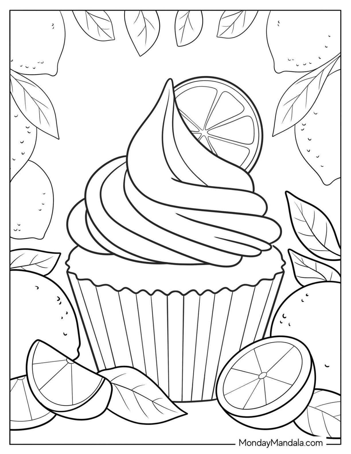 Fresh Lemon Cupcake Coloring Page with Citrus Slices and Leaves for Kids