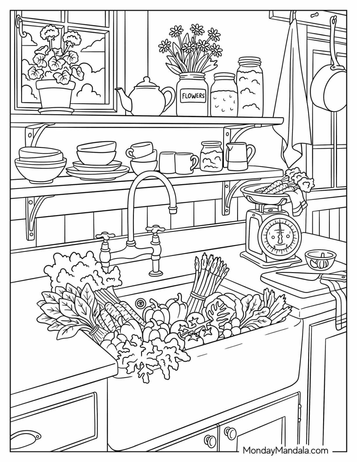 Fresh Vegetables in a Kitchen Sink Coloring Page