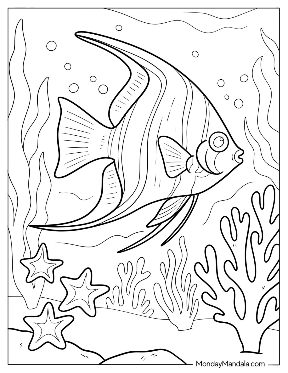 Fish Coloring Page of Freshwater Angelfish Swimming Gracefully in Coral Reef
