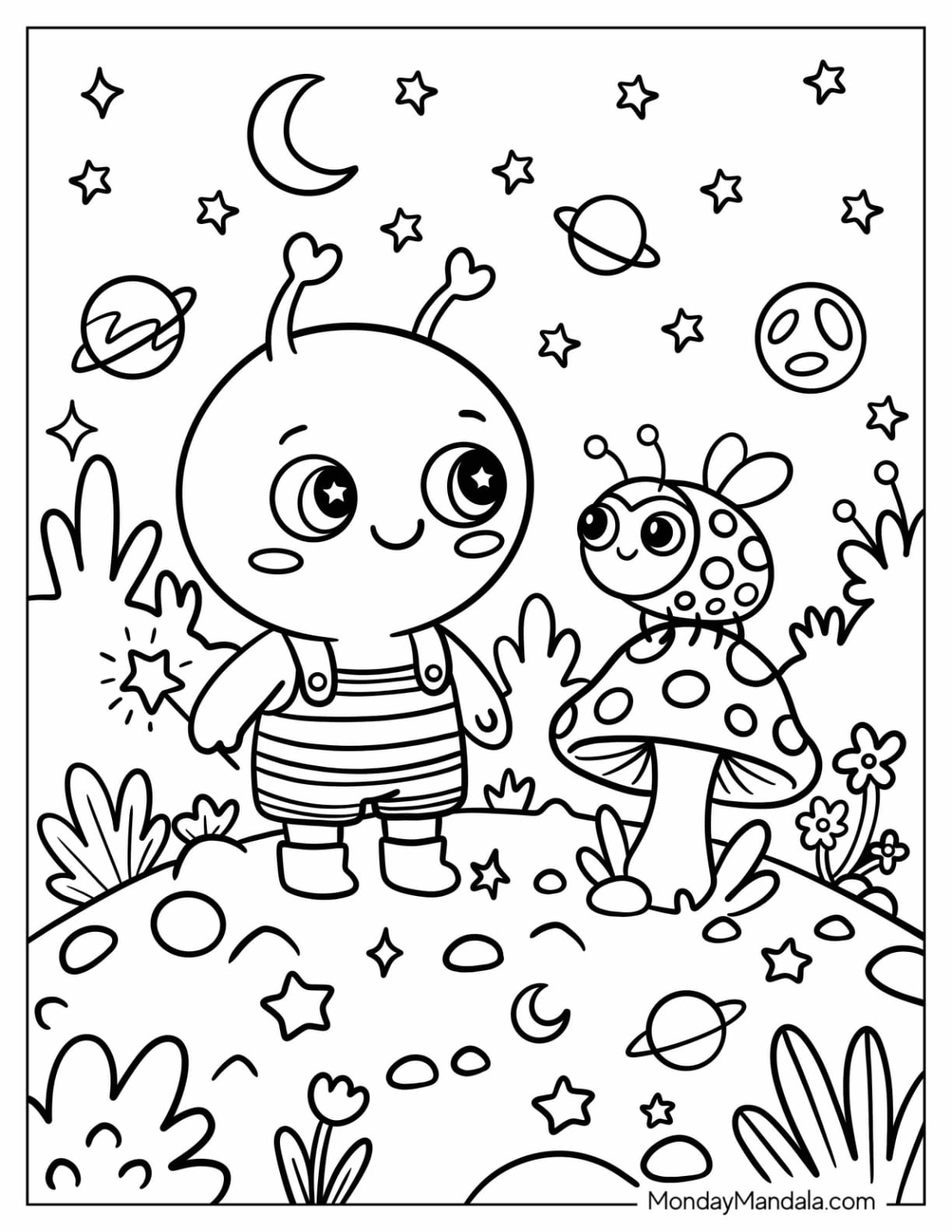 Friendly Alien with a Ladybug on a Mushroom Coloring Page
