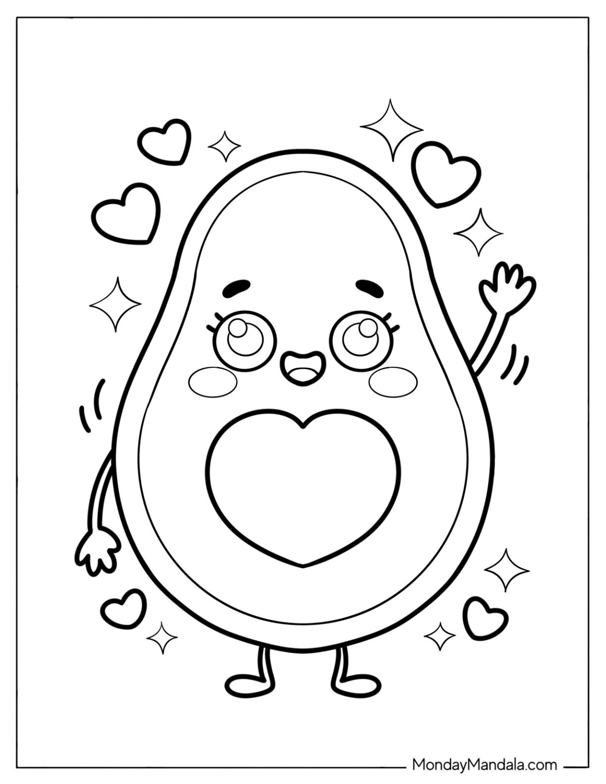 Cute Coloring Page of Friendly Avocado Slice Waving