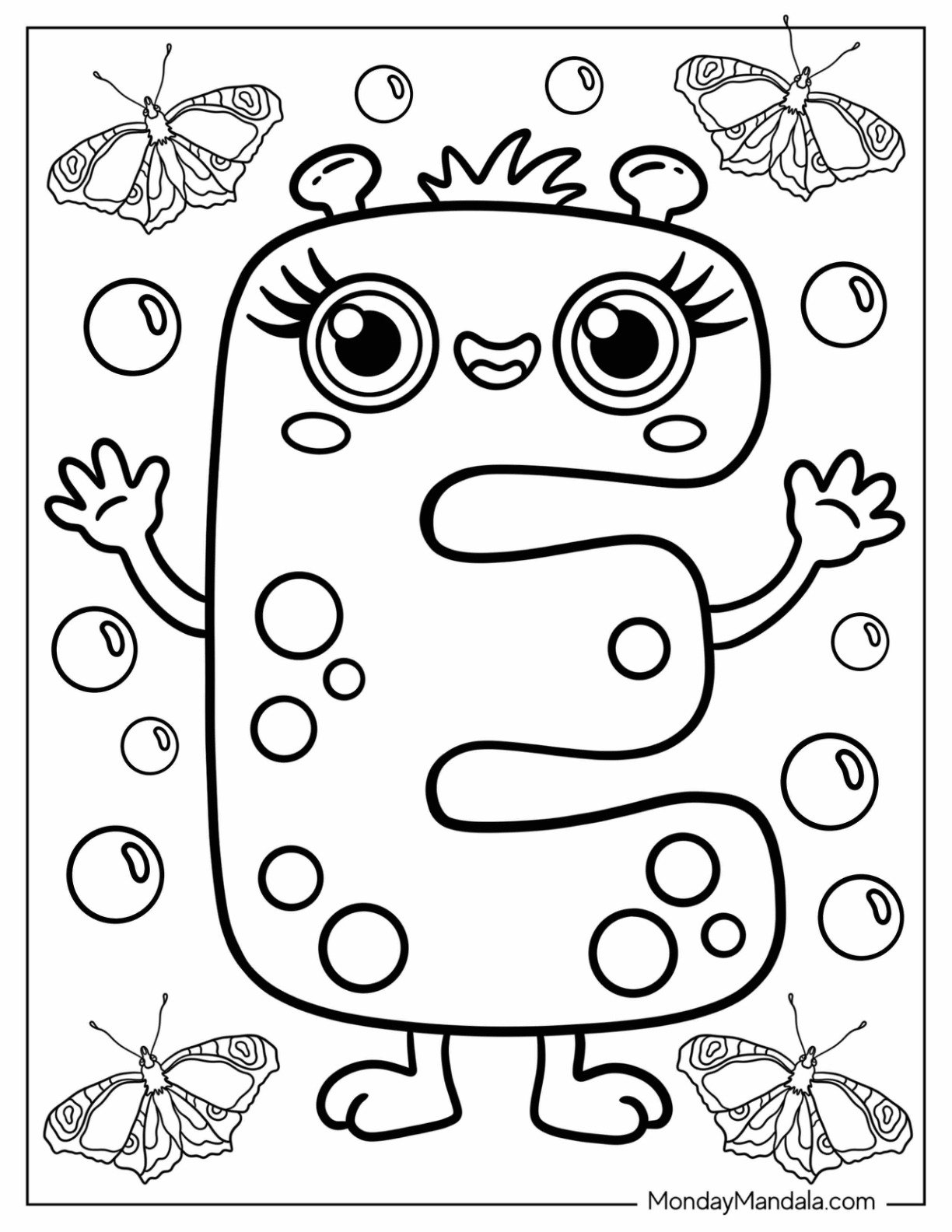 Friendly Cartoon Letter E Coloring Page with Bubbles for Preschoolers