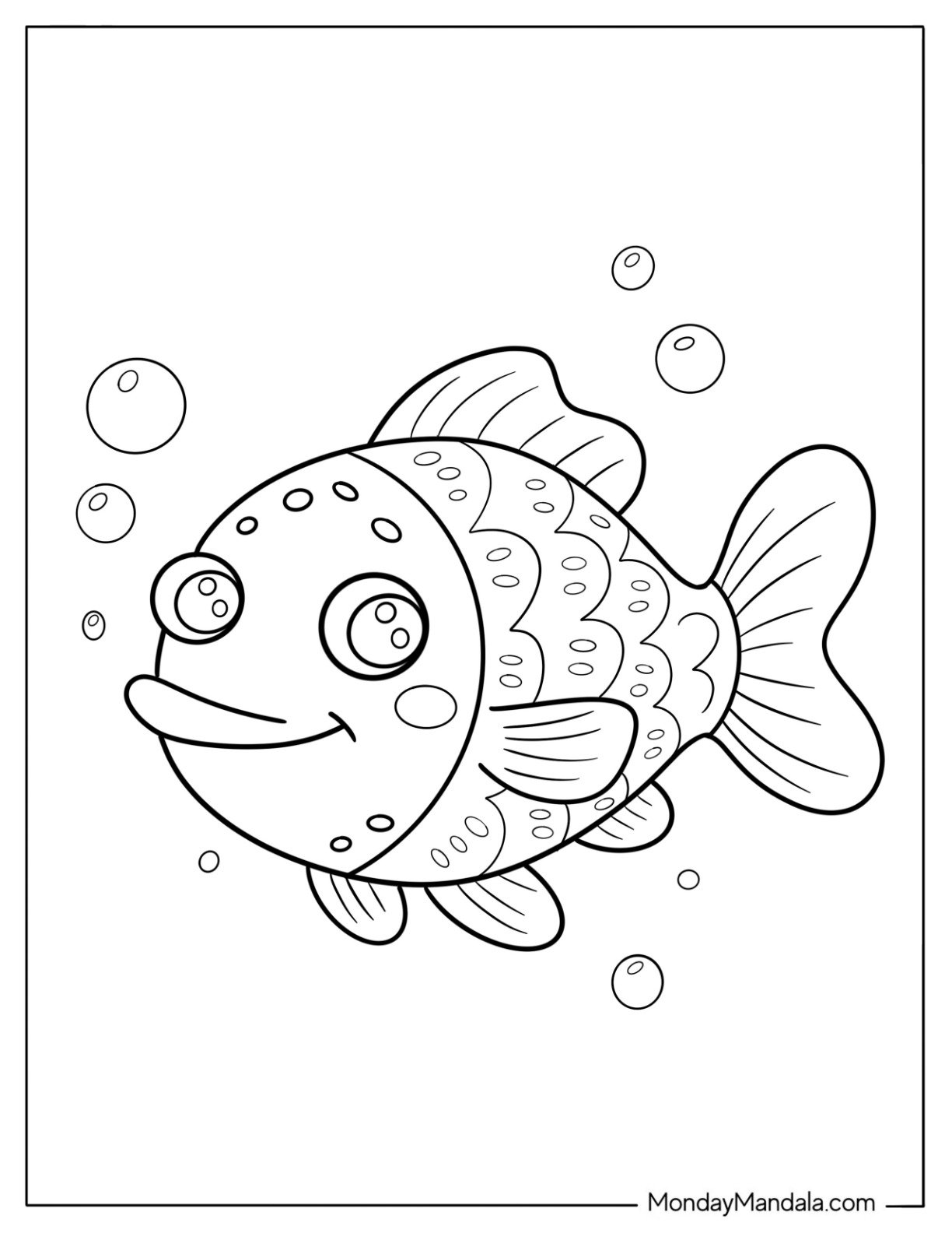 Friendly Cartoon Fish Coloring Page Surrounded by Bubbles for Kids