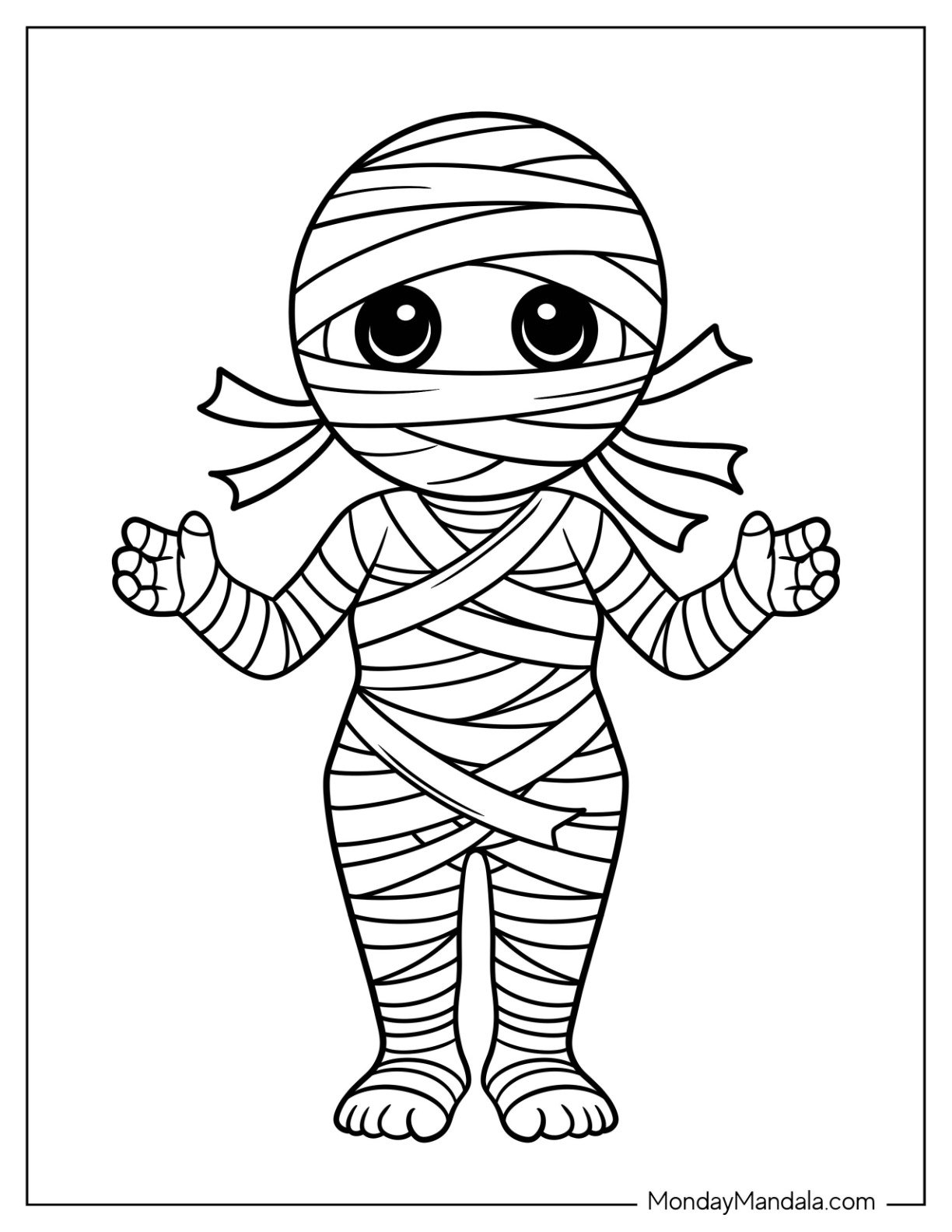 Friendly Cartoon Mummy Coloring Page with Outstretched Hands