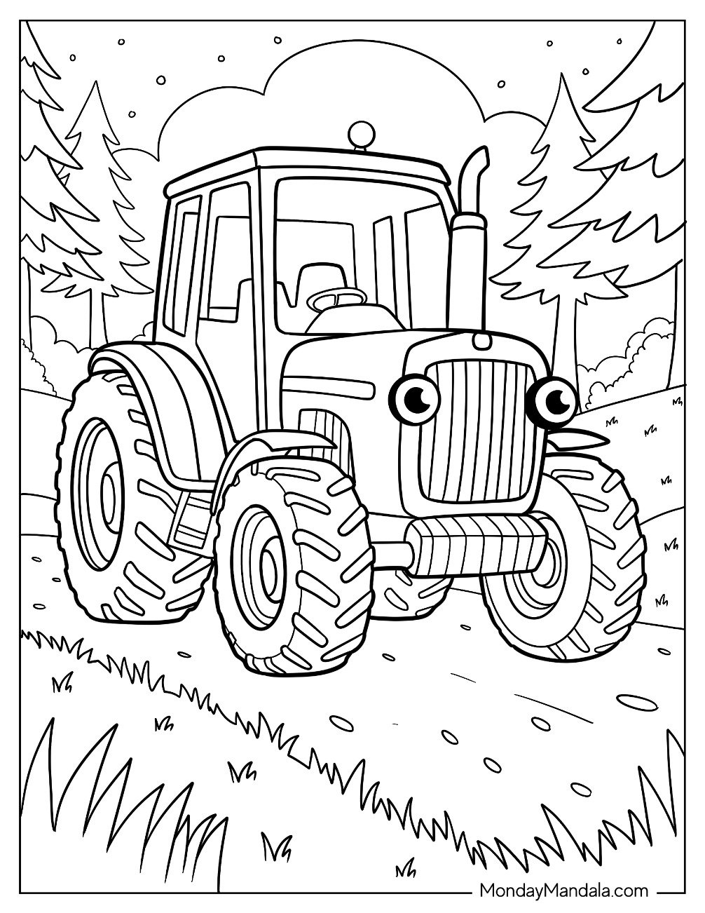 Friendly Cartoon Tractor Coloring Page with Big Wheels For Kids