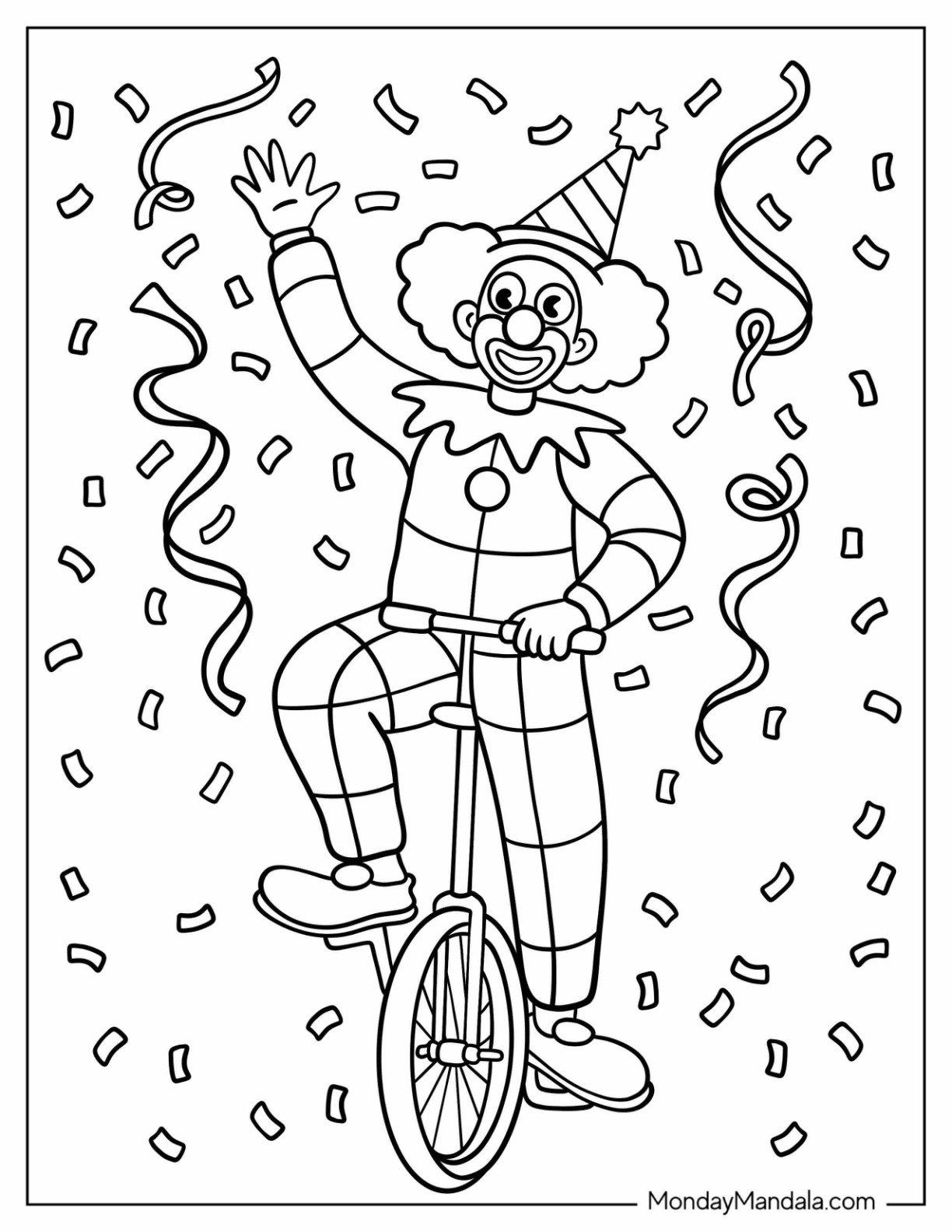 Friendly Clown Coloring Page Waving While Riding A Unicycle