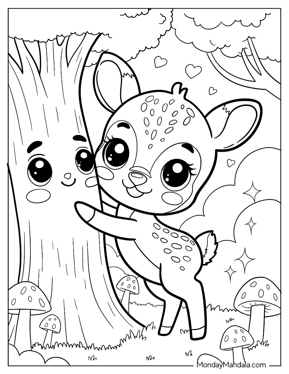 Friendly Deer Coloring Page Hugging a Tree for Kids