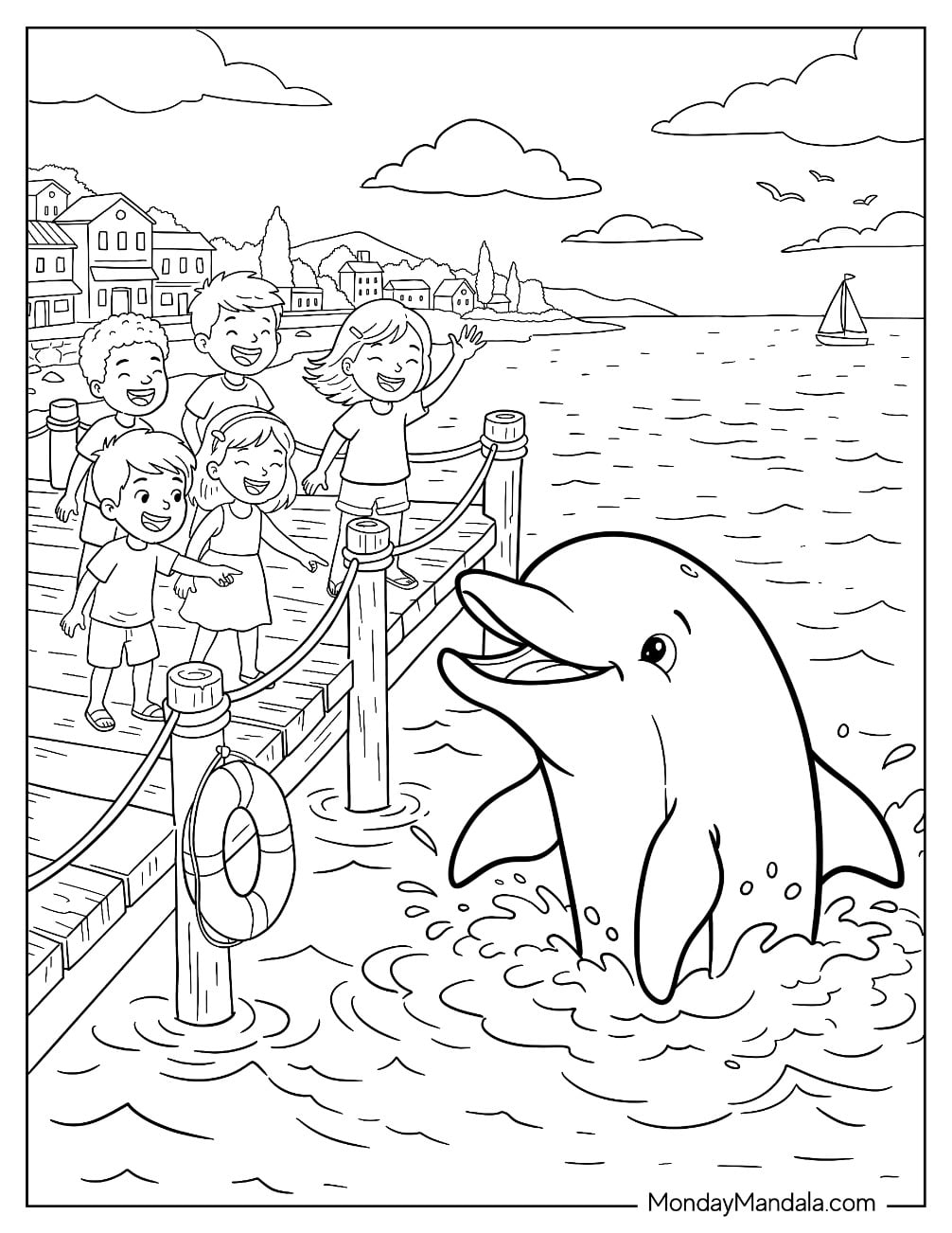 Friendly Dolphin Jumping Beside a Harbor Pier with Children Watching Coloring Sheet
