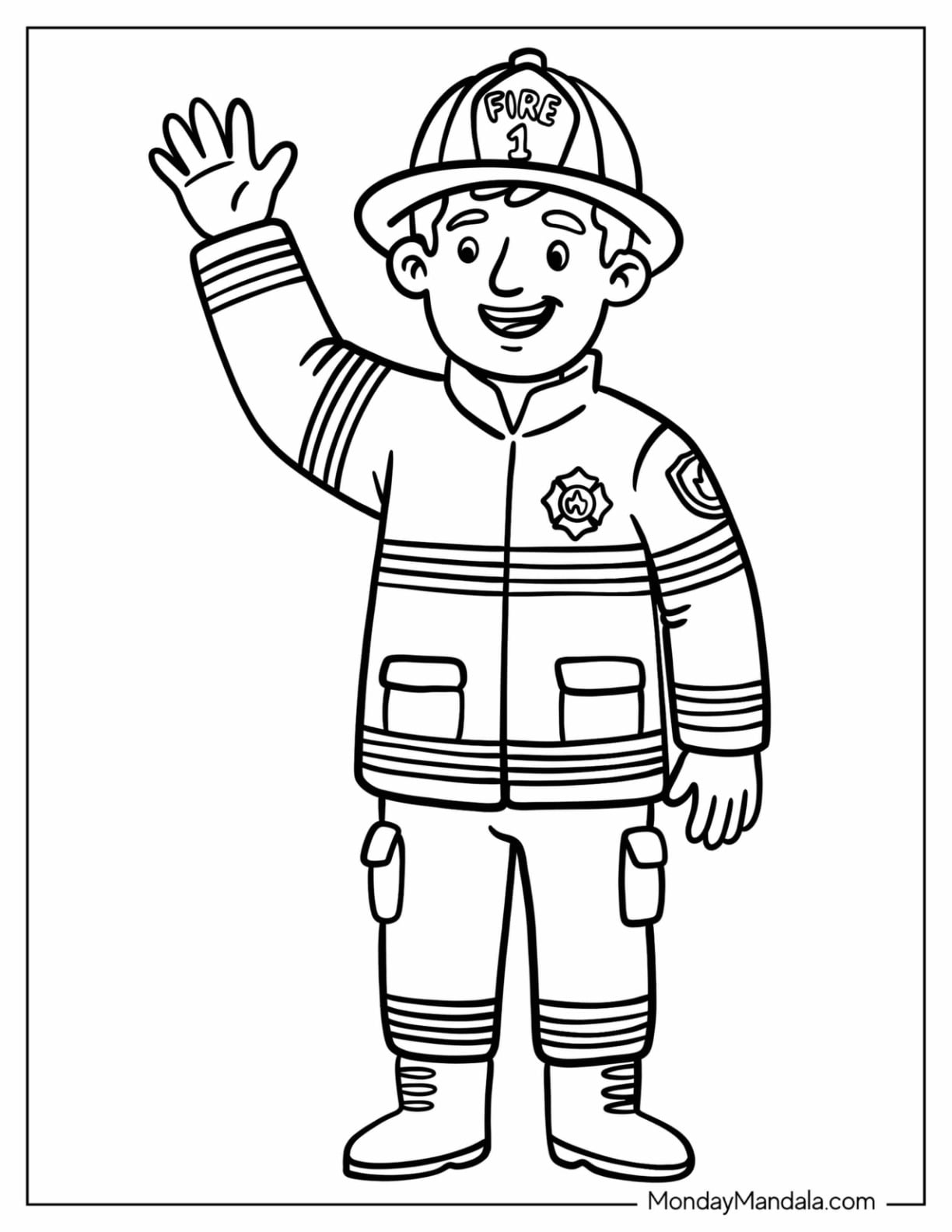 Friendly Firefighter Waving Coloring Page for Kids