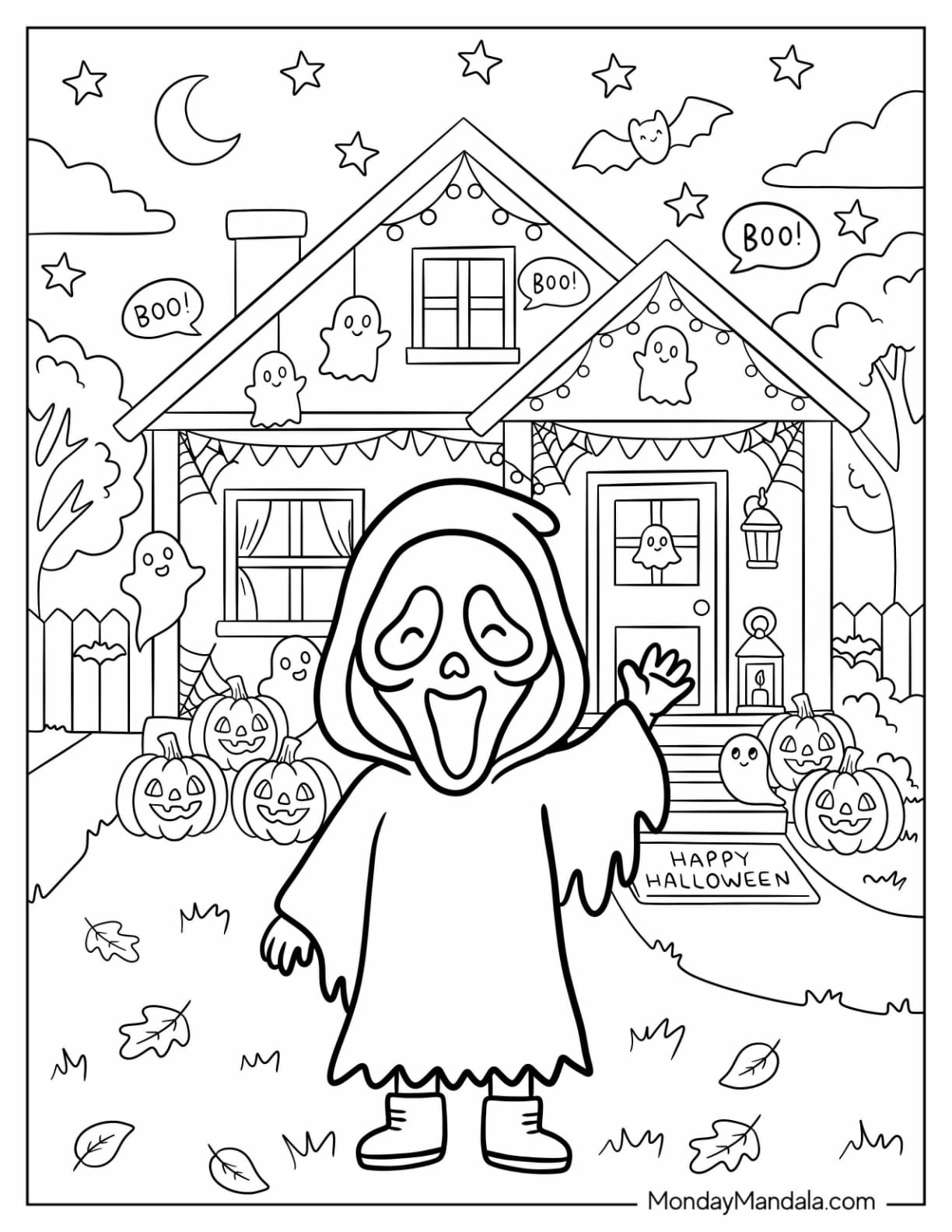 Friendly Ghost Face Waving From a Haunted House Coloring Page