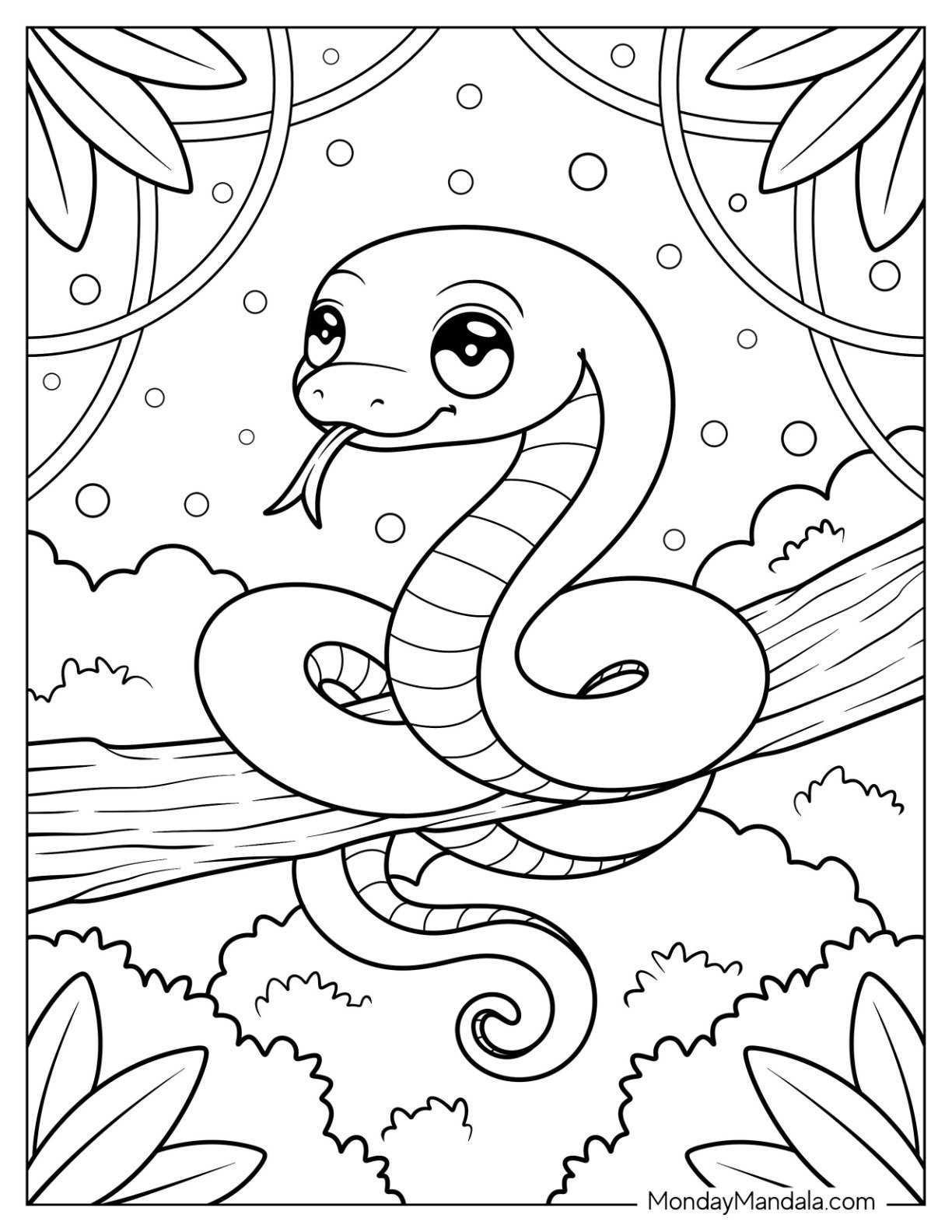 Friendly Jungle Coloring Page of Snake with Tongue Out Sitting on Branch for Kids