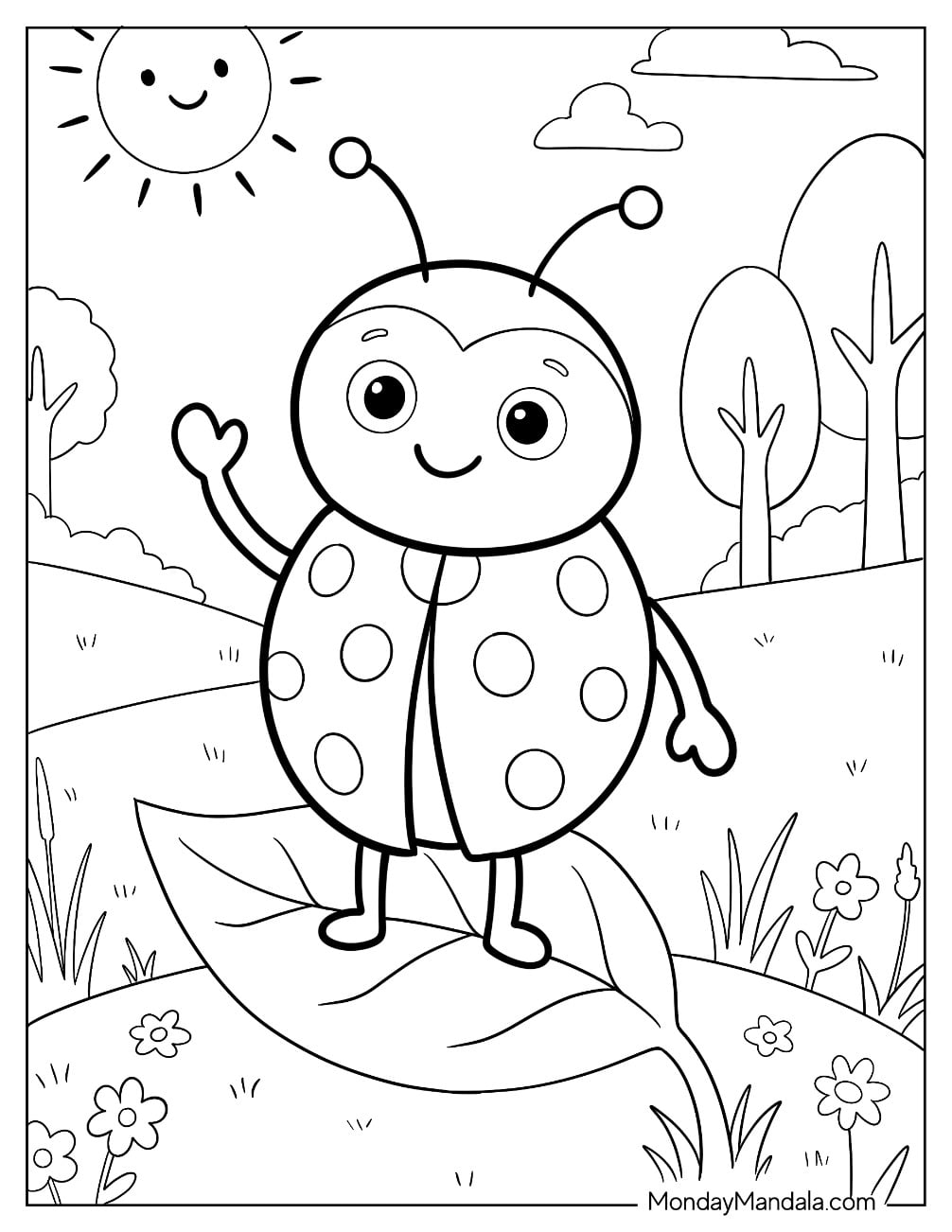 Friendly Ladybug Waving in a Park Coloring Sheet for Kids