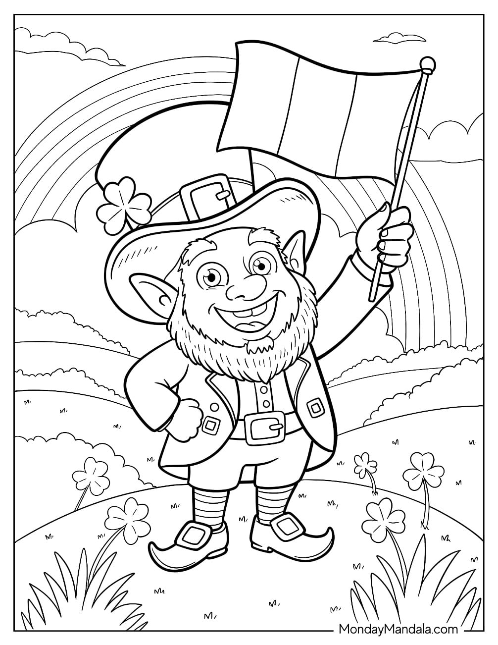 Friendly Leprechaun Coloring Page Waving the Irish Flag