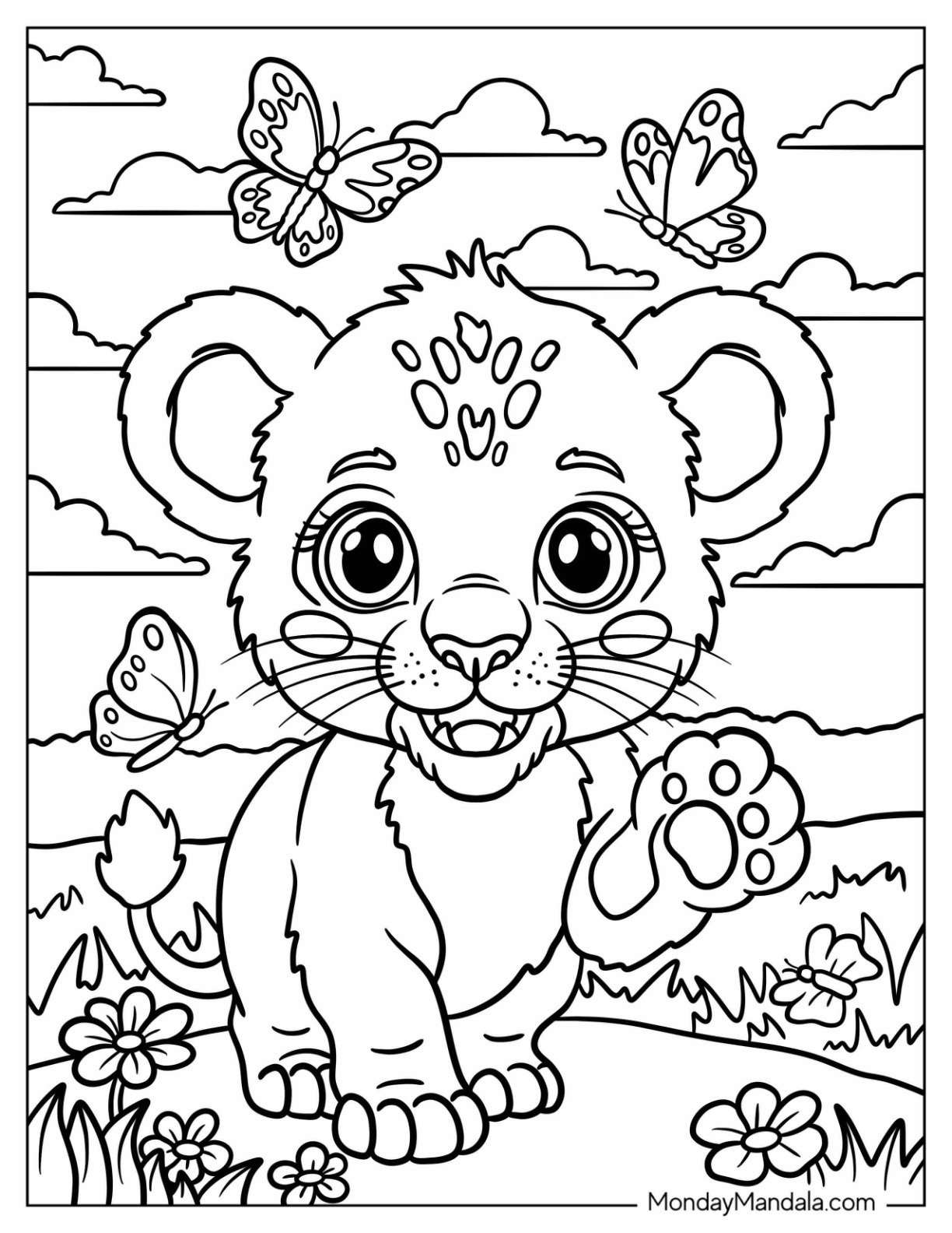 Friendly Lion Coloring Page of Cub Raising Its Paw for Preschoolers