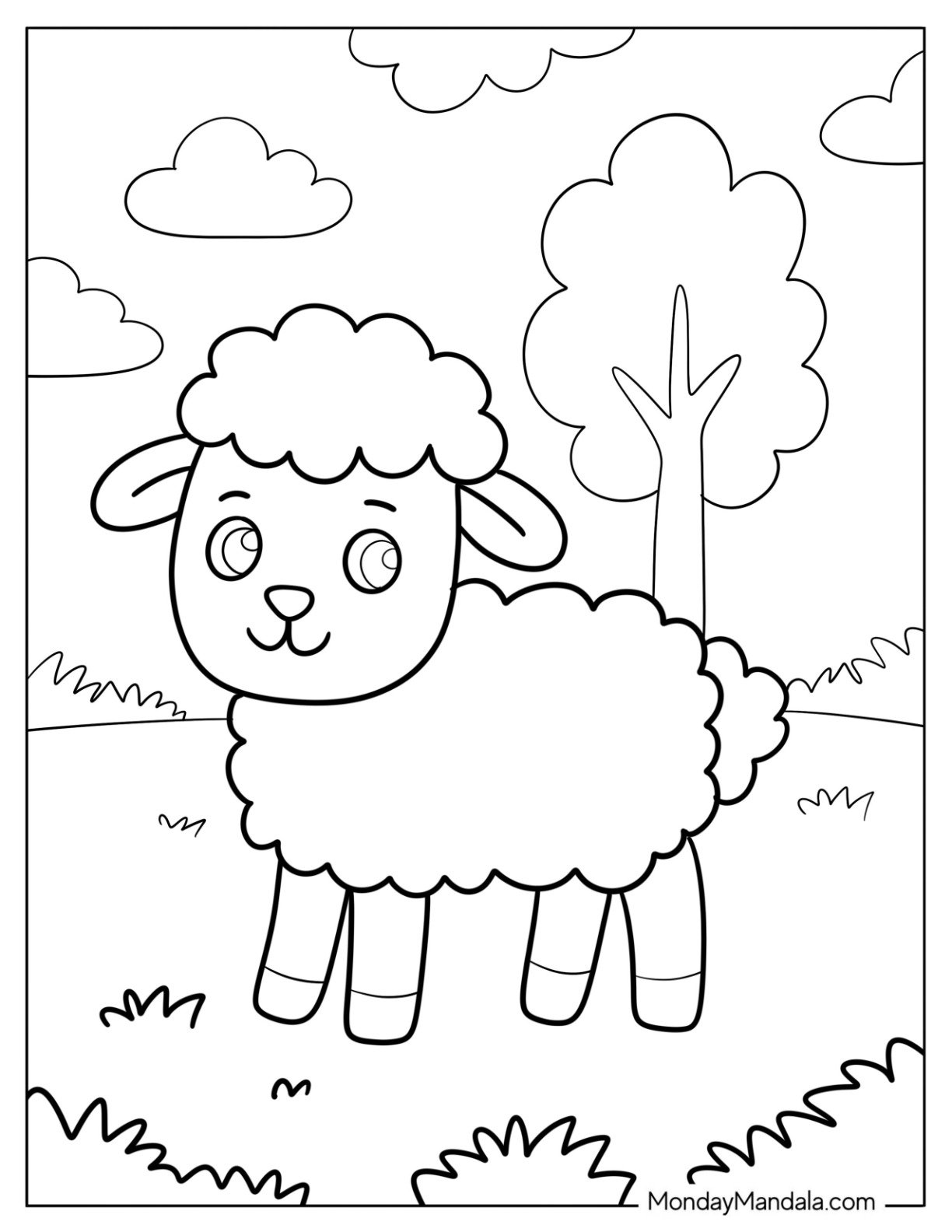 Friendly Little Sheep Coloring Page Standing in a Sunny Field for Preschoolers