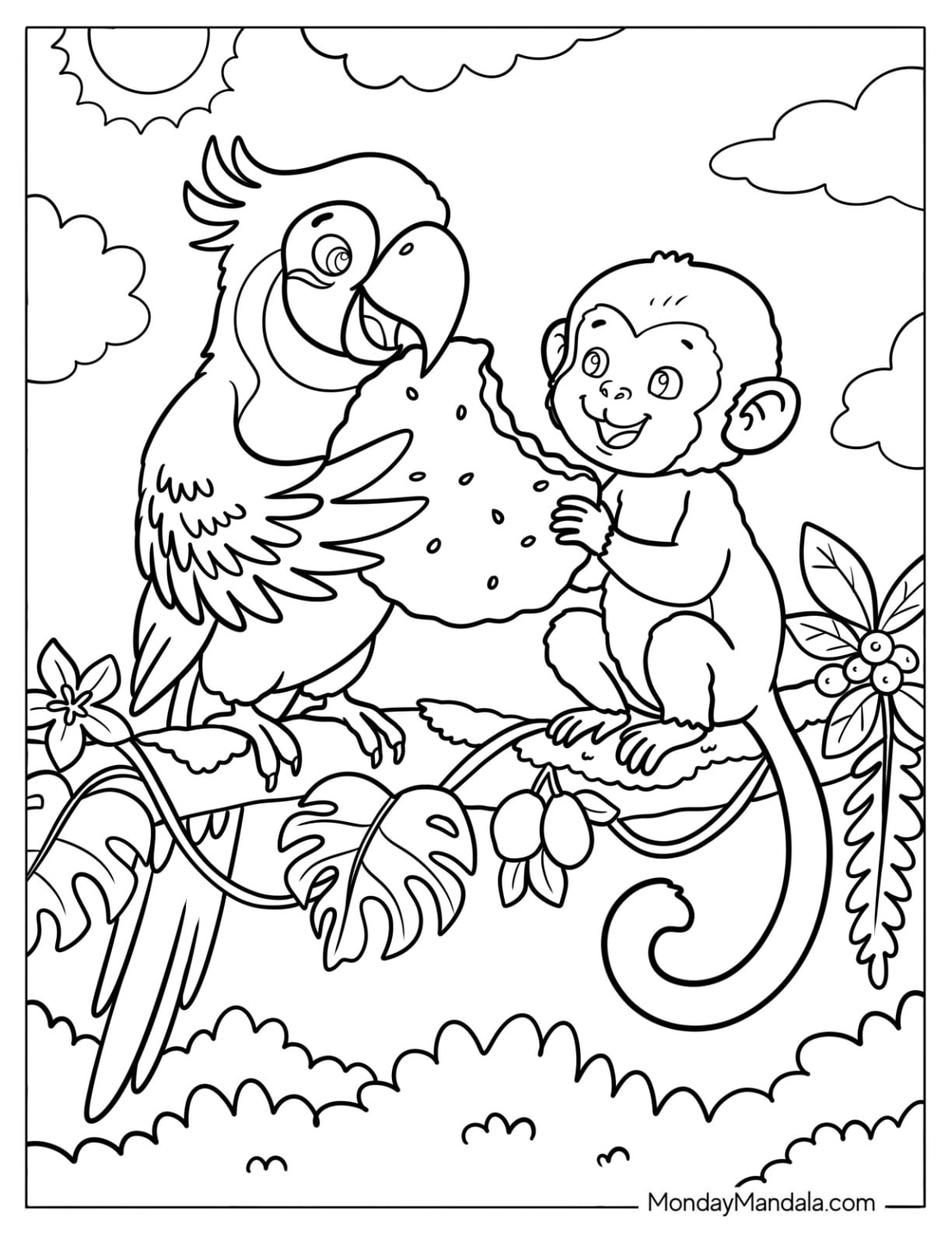 Friendly Macaw Parrot Sharing a Cookie with a Monkey Coloring Page