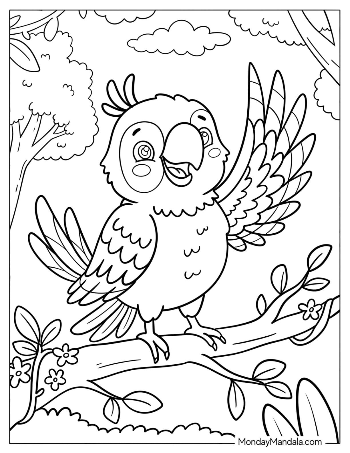 Friendly Macaw Parrot Waving from a Branch Coloring Page
