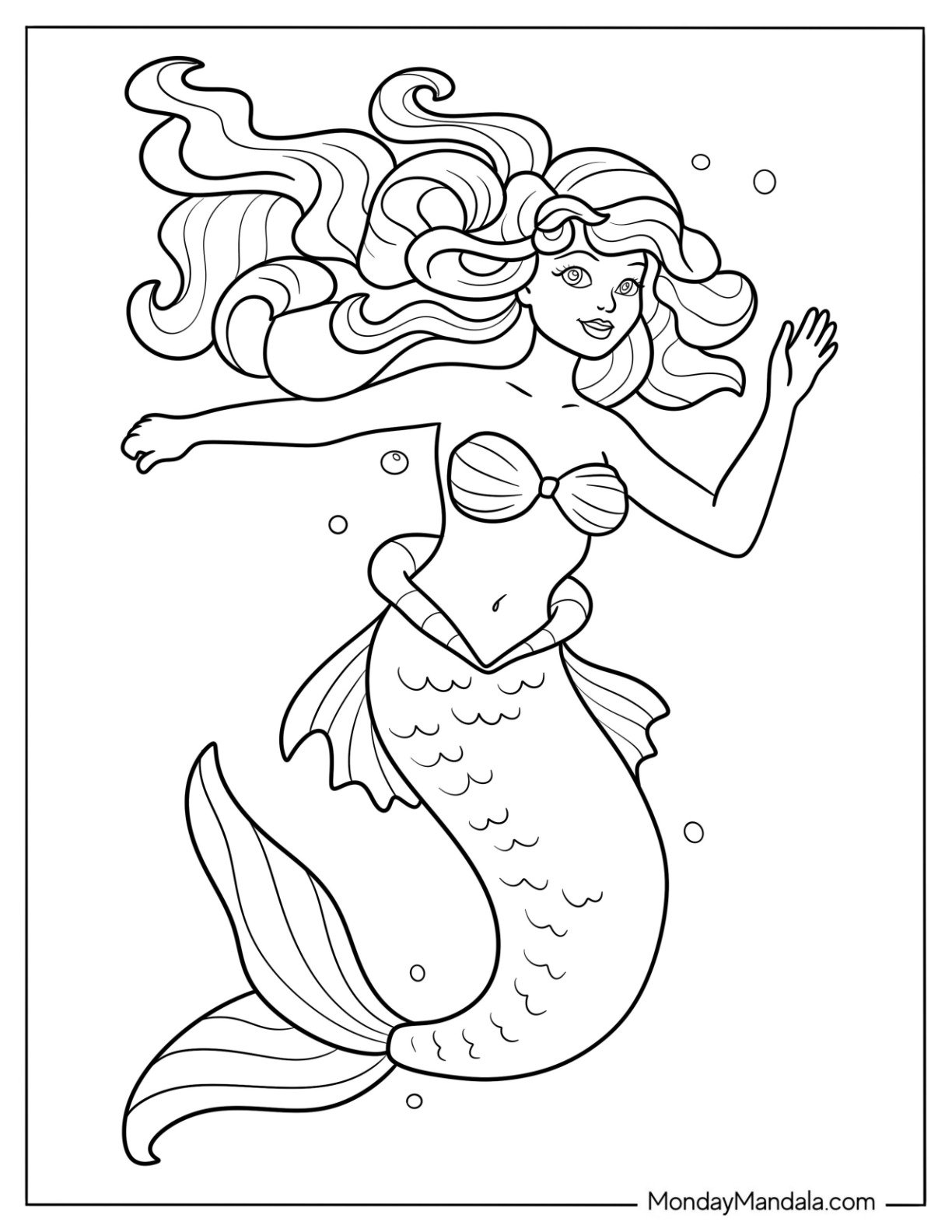 Friendly Mermaid Coloring Page with Curly Hair Waving Her Hand