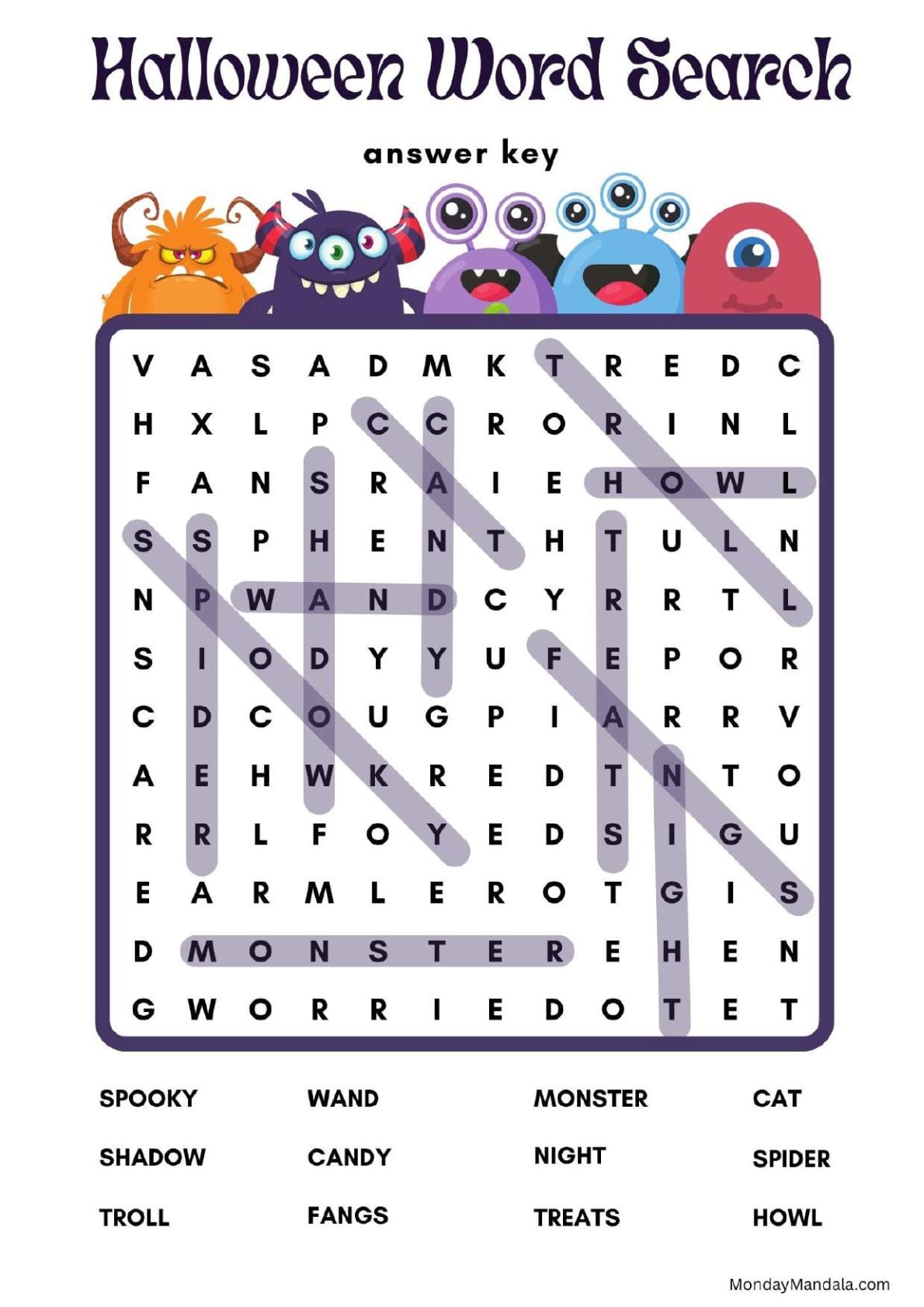 Friendly Monsters Halloween Word Search Answer Key