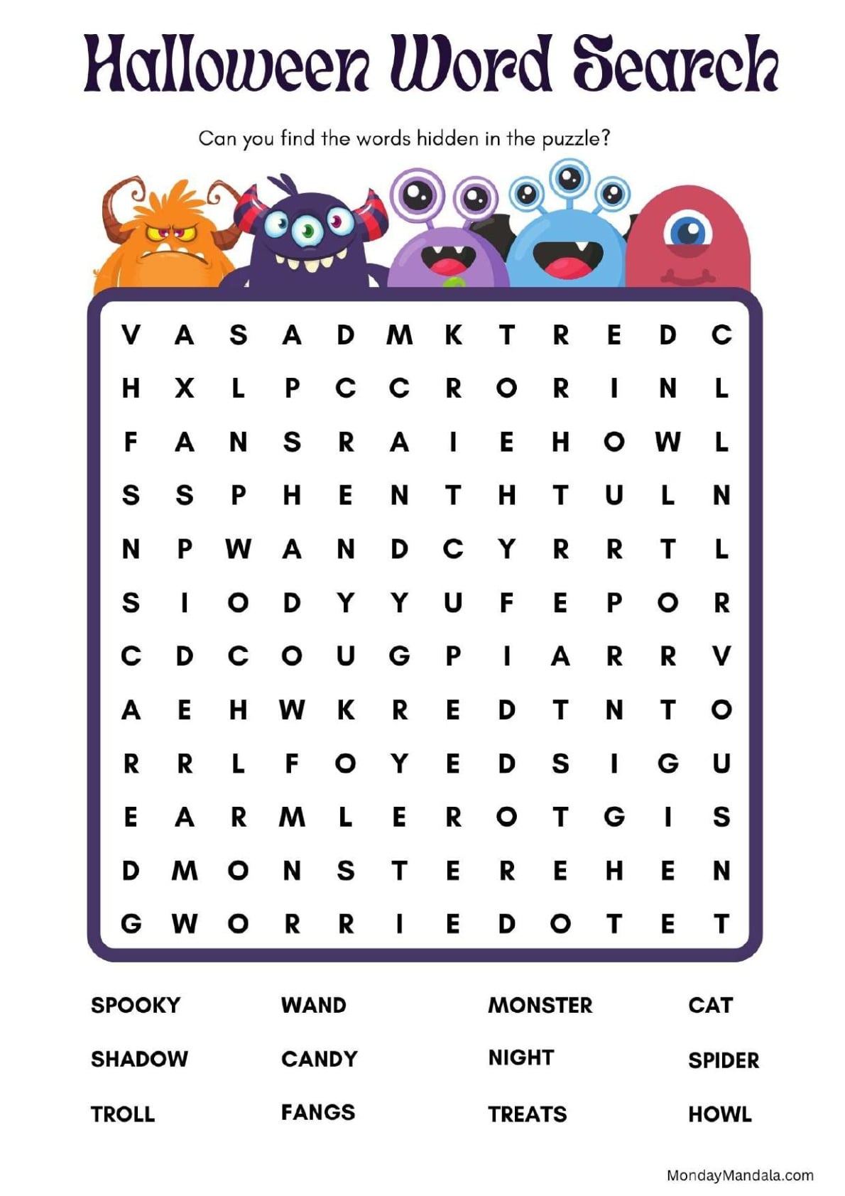 Friendly Monsters Halloween Word Search