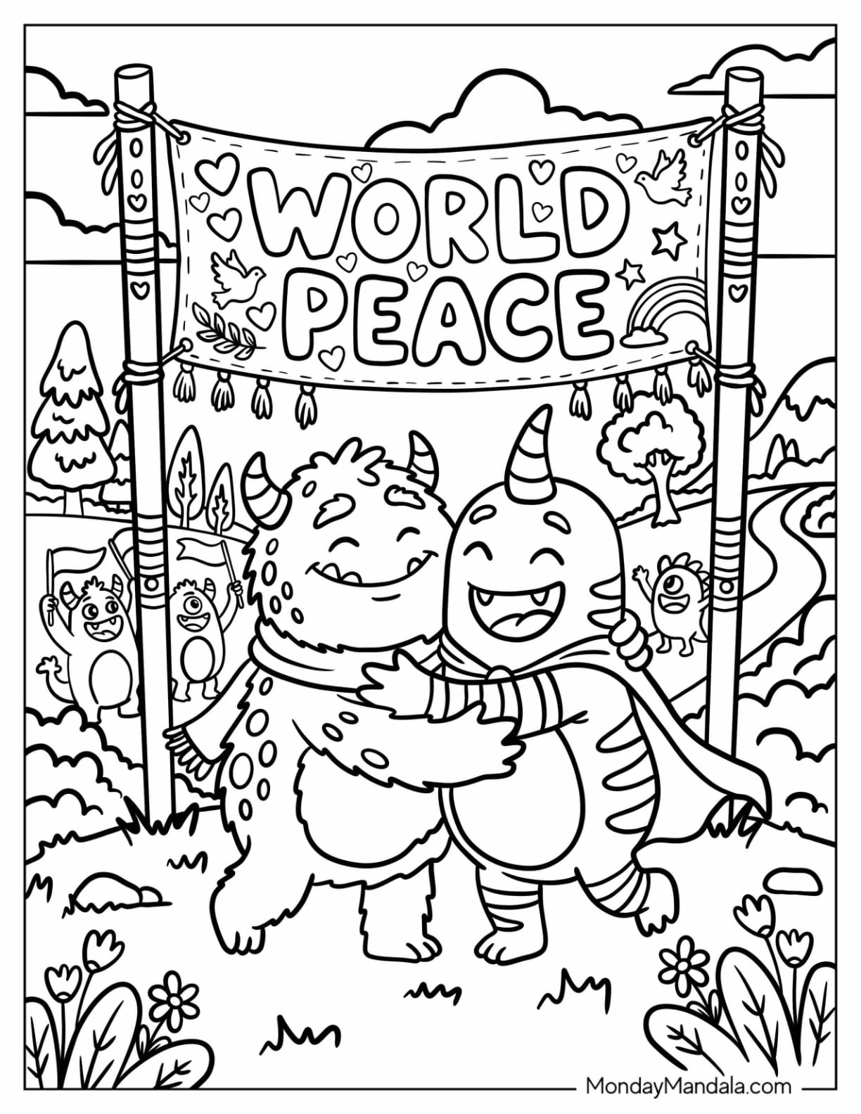 Friendly Monsters Hugging Beneath a World Peace Banner Coloring Page