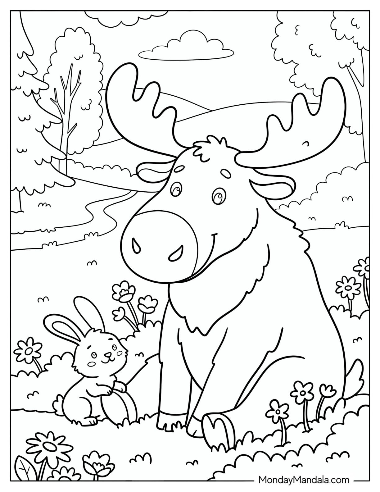 Friendly Moose Sitting in a Meadow with a Rabbit Coloring Sheet