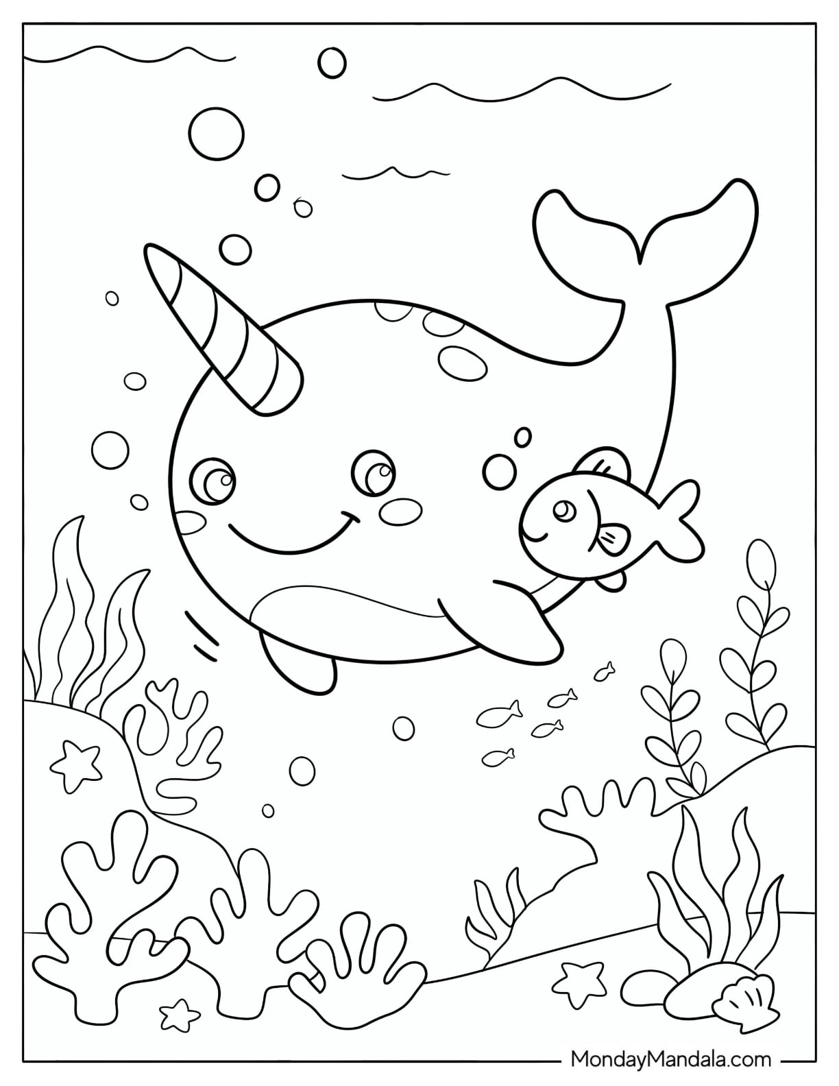 Friendly Narwhal Swimming with a Fish Coloring Sheet