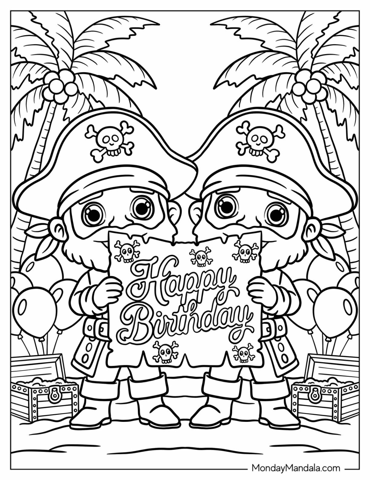 Friendly Pirates Holding Up a Happy Birthday Coloring Page Banner Beside Treasures Chests