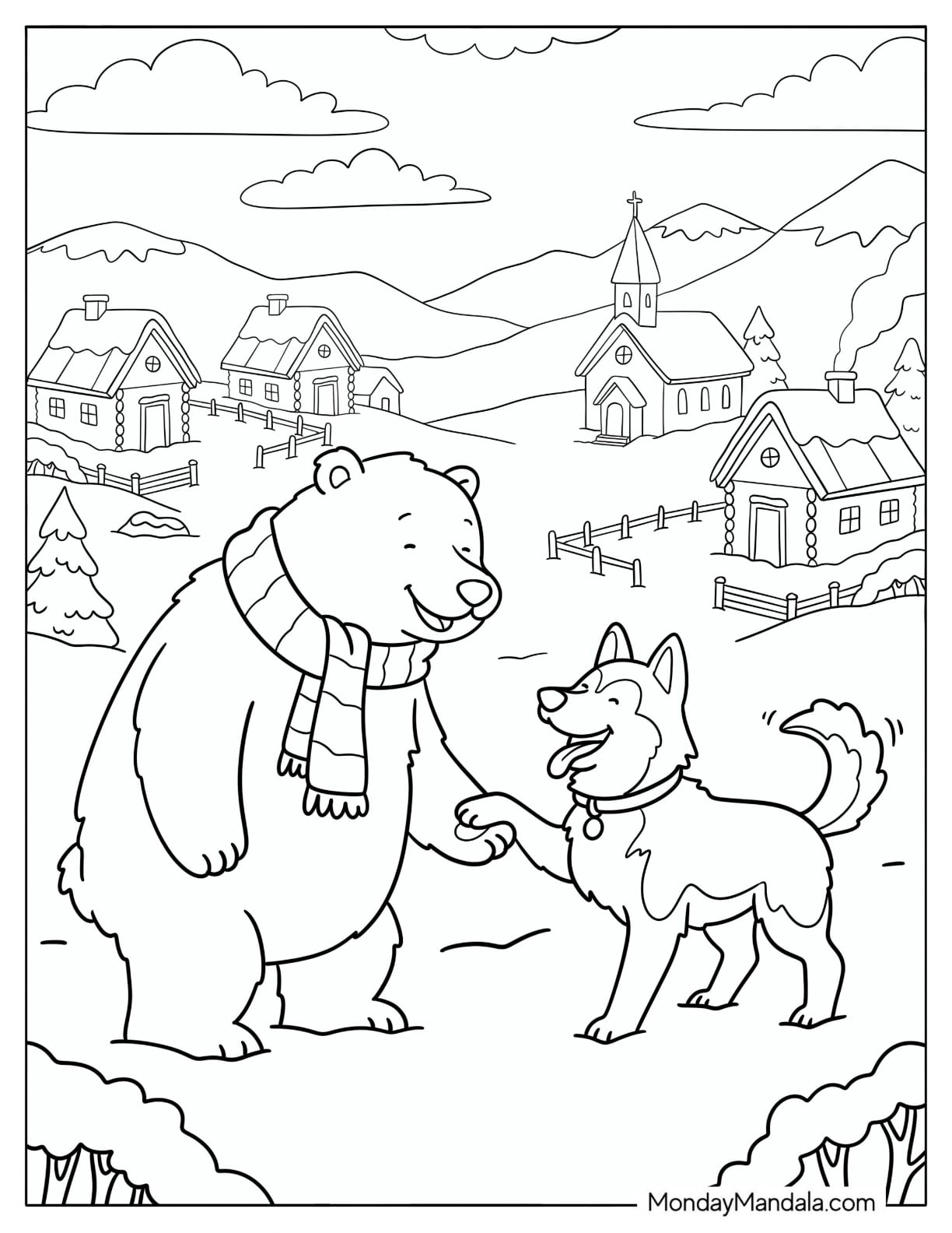 Friendly Polar Bear Shaking the Paws of a Dog Coloring Sheet