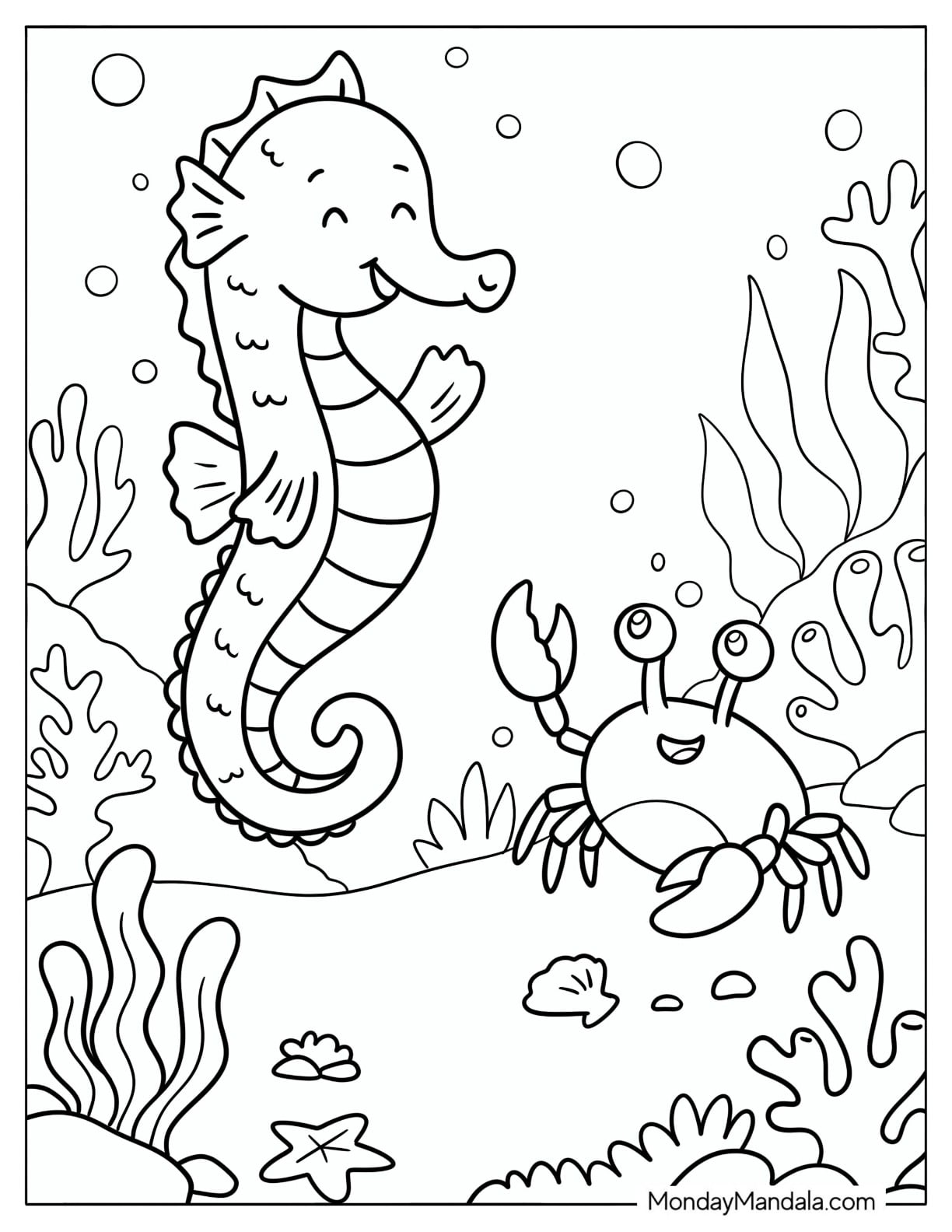 Friendly Seahorse Waving at a Crab Coloring Page for Kids