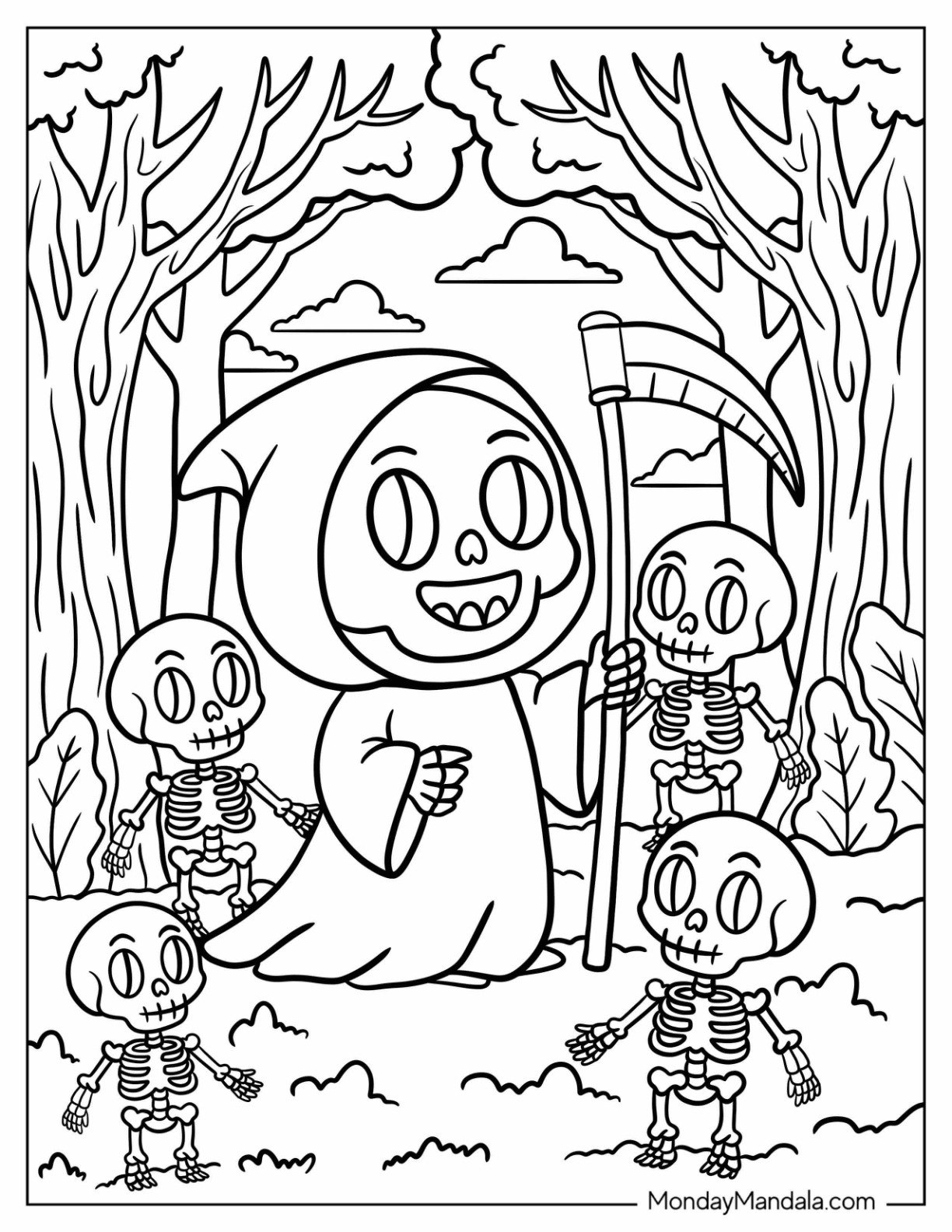 Friendly Skeletons Surrounding Grim Reaper in Forest Coloring Page