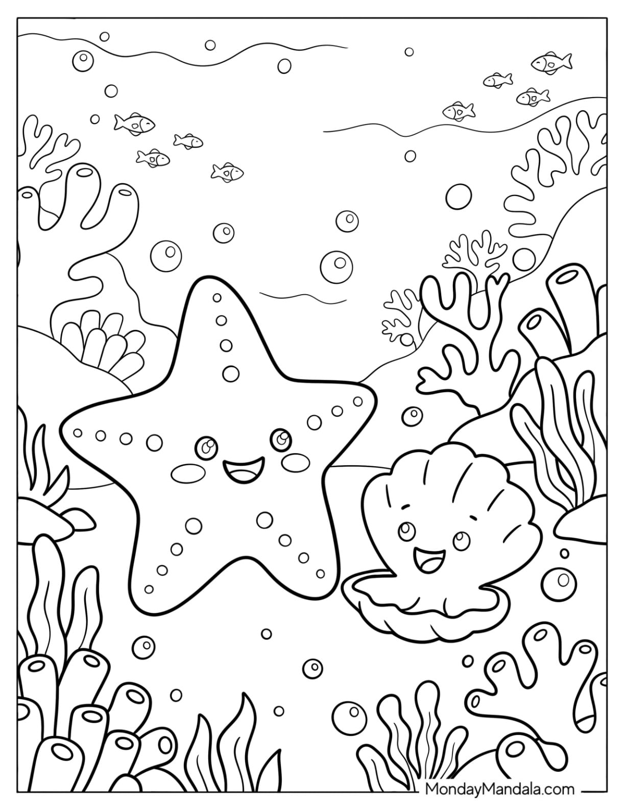 Friendly Starfish Talking with a Seashell Coloring Sheet