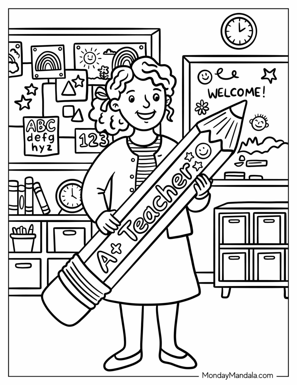 Friendly Teacher Coloring Page Holding a Giant Pencil