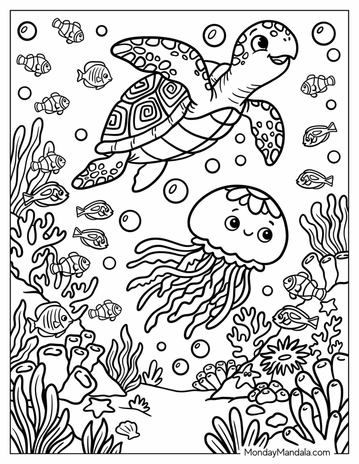 Friendly Turtle Swimming with Baby Jellyfish Coloring Page