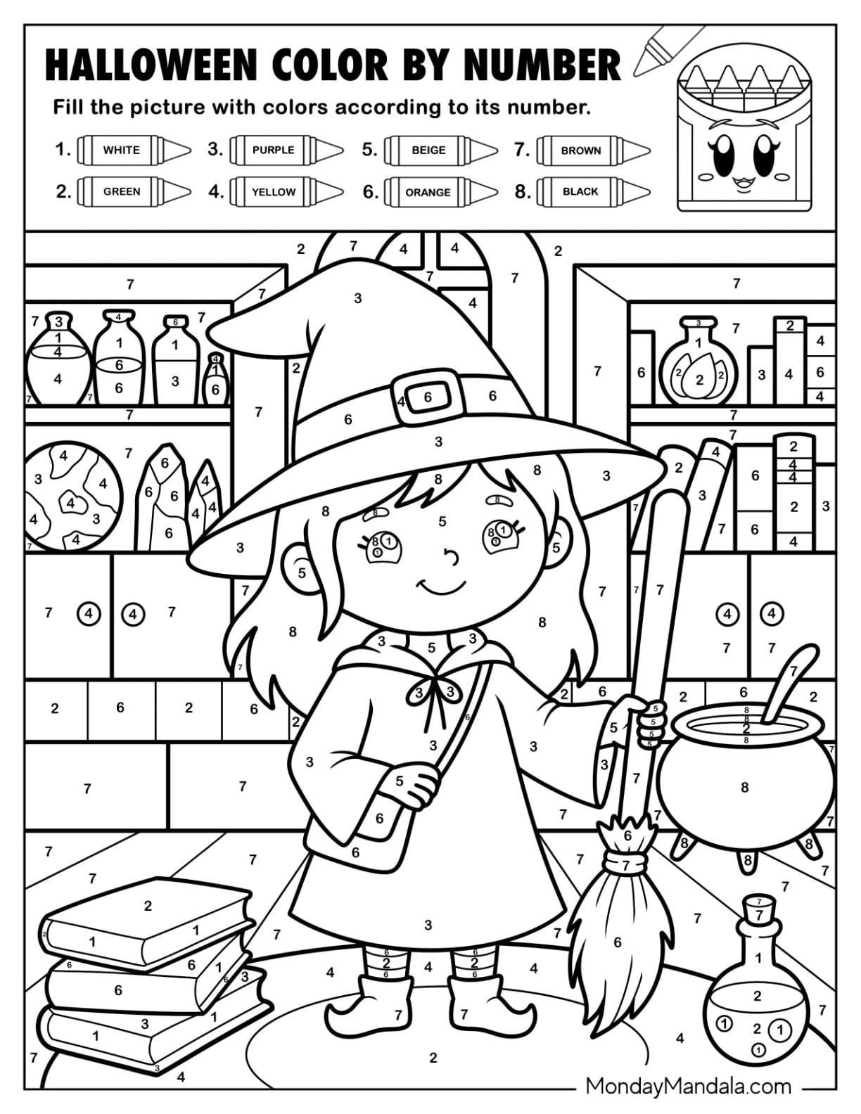 Friendly Witch with a Broom Halloween Color by Number